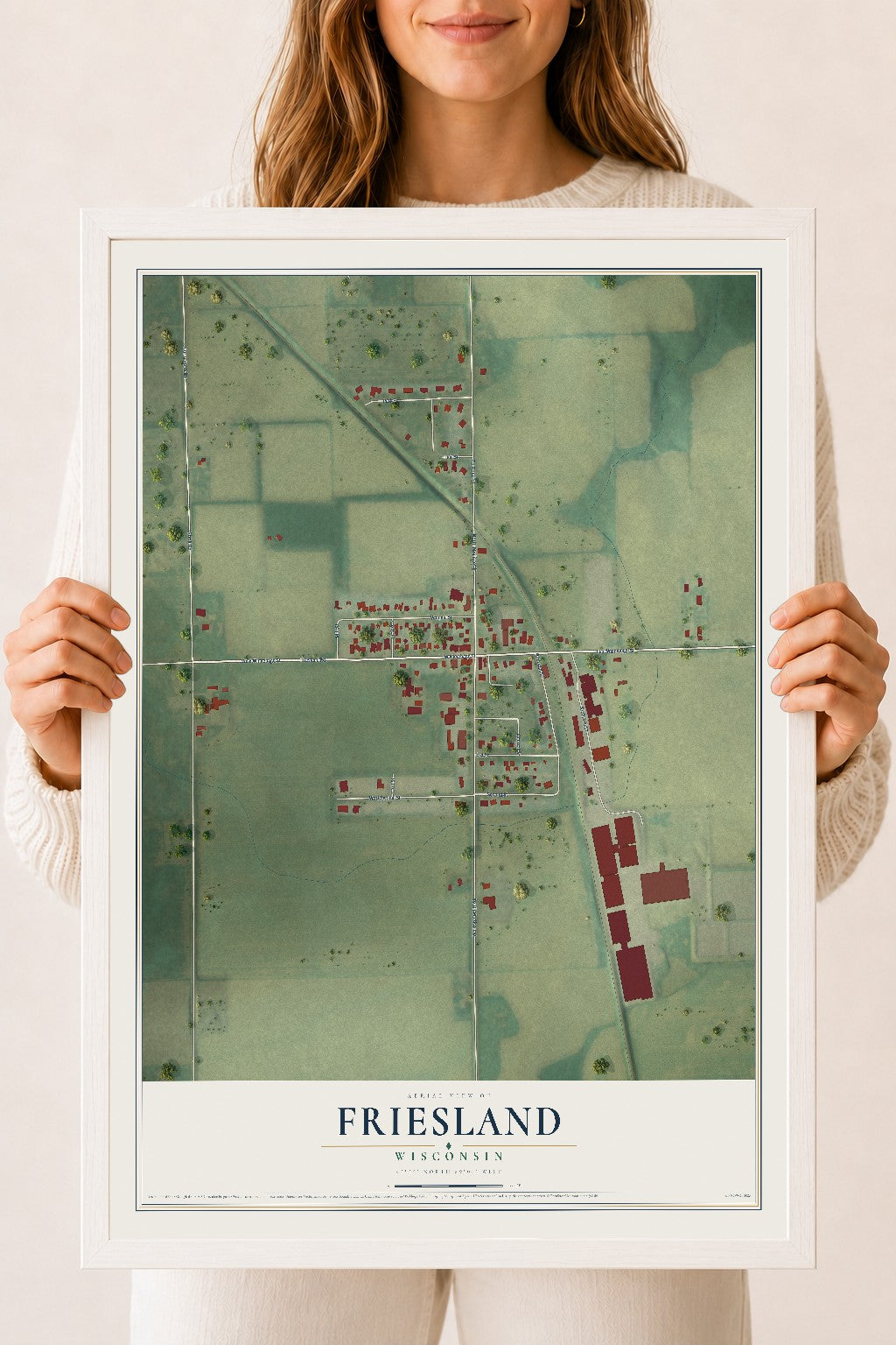 Map of Friesland, Wisconsin, 18 x 24 inch print in a white wood frame