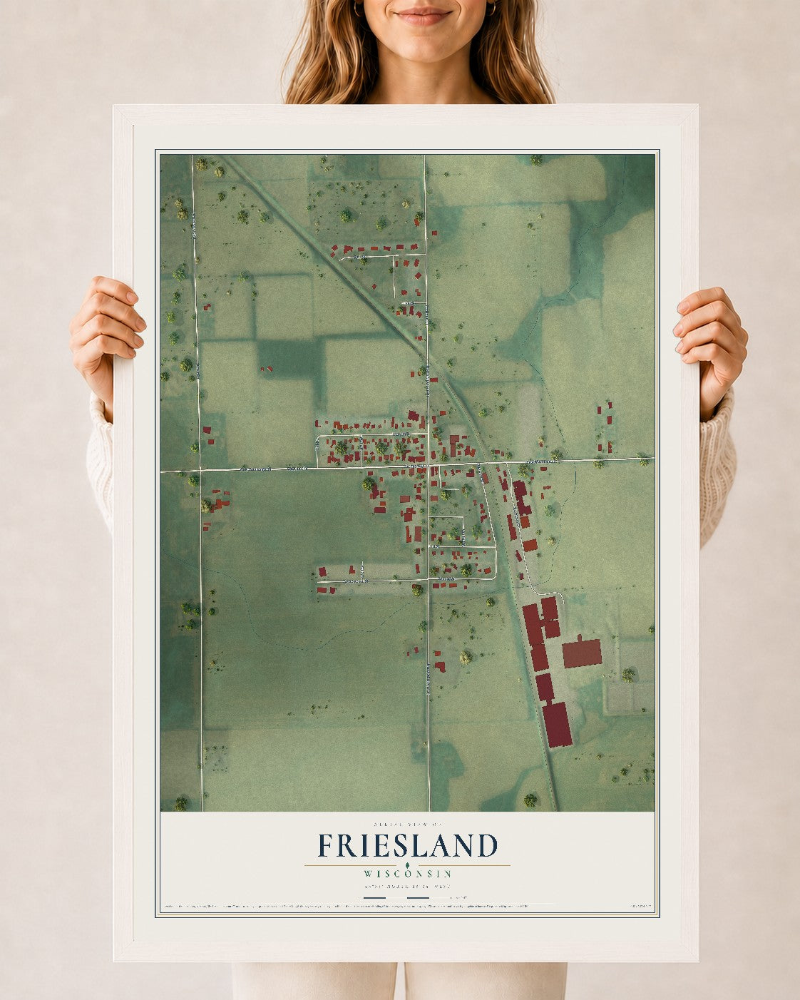 Map of Friesland, Wisconsin, 24 x 36 inch print in a white wood frame