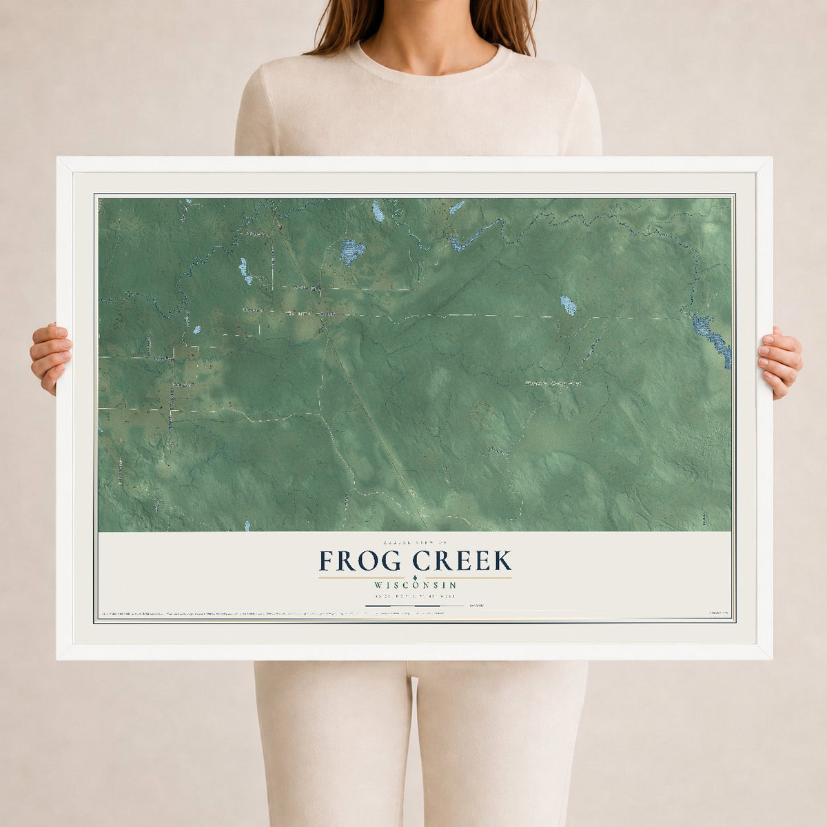 Map of Frog Creek, Wisconsin, 24 x 36 inch print in a white wood frame