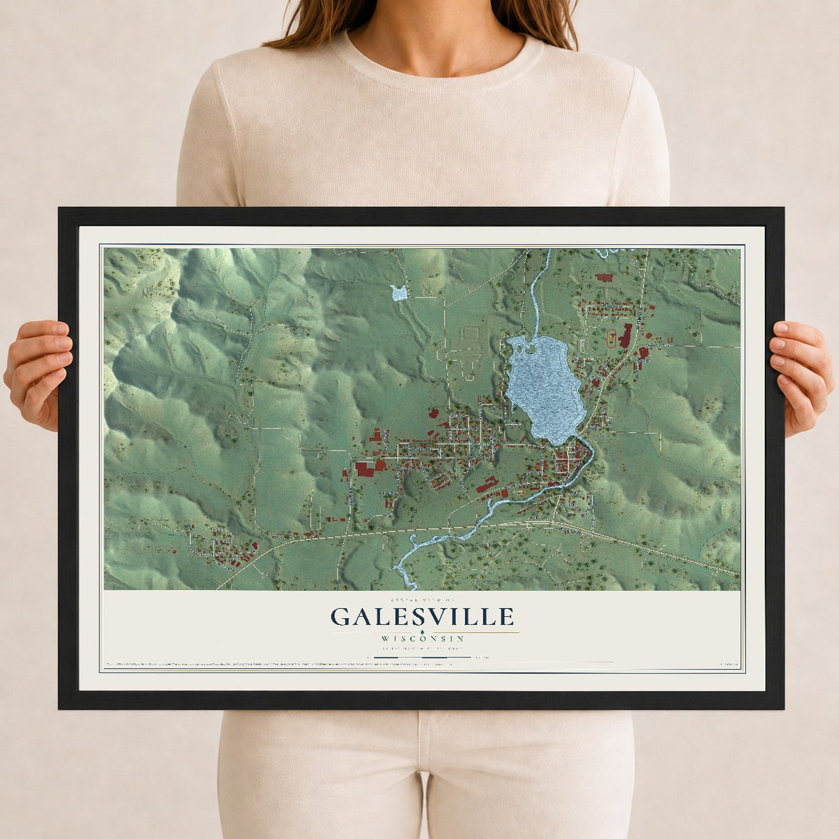 Map of Galesville, Wisconsin, 12 x 18 inch print in a black wood frame