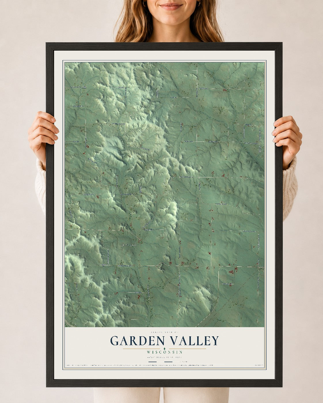 Map of Garden Valley, Wisconsin, 24 x 36 inch print in a black wood frame