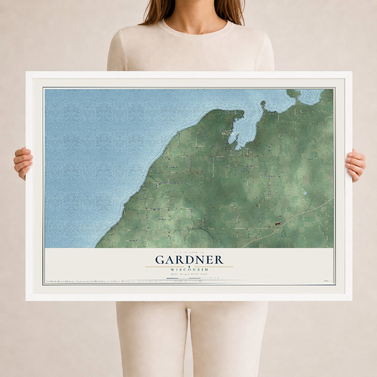 Map of Gardner, Wisconsin, 24 x 36 inch print in a white wood frame