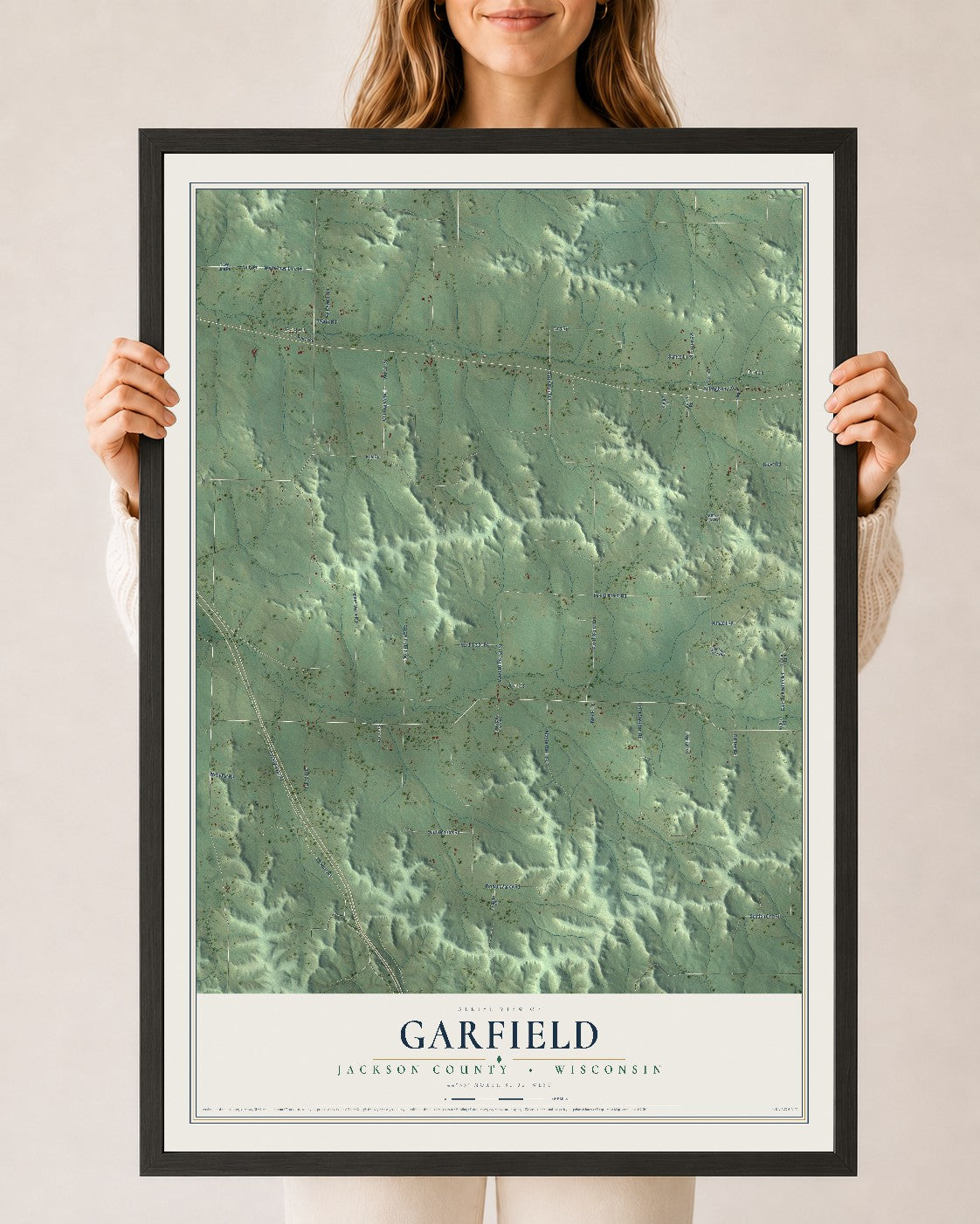 Map of Garfield, Jackson County, Wisconsin, 24 x 36 inch print in a black wood frame