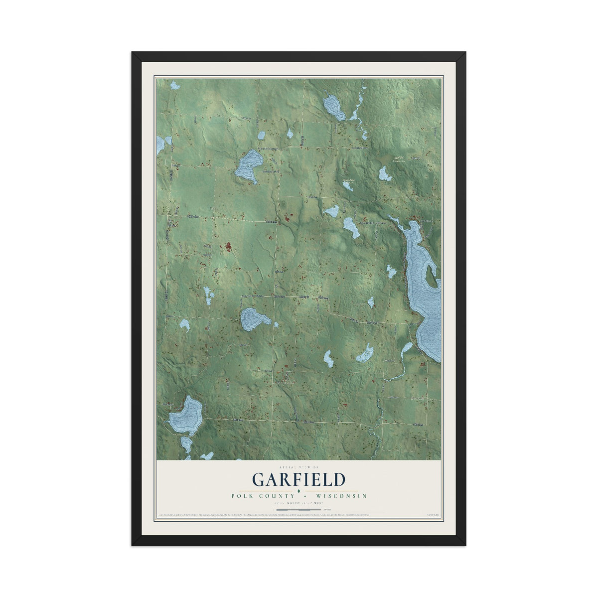 Map of Garfield, Polk County, Wisconsin, 12 x 18 inch print in a black wood frame