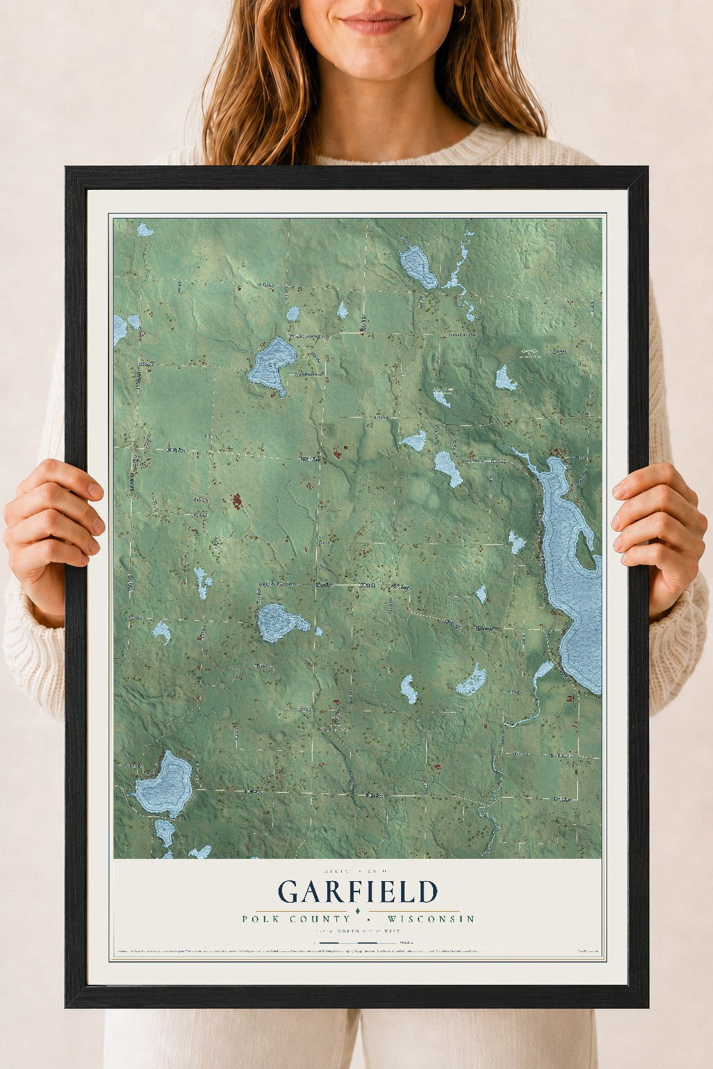 Map of Garfield, Polk County, Wisconsin, 18 x 24 inch print in a black wood frame