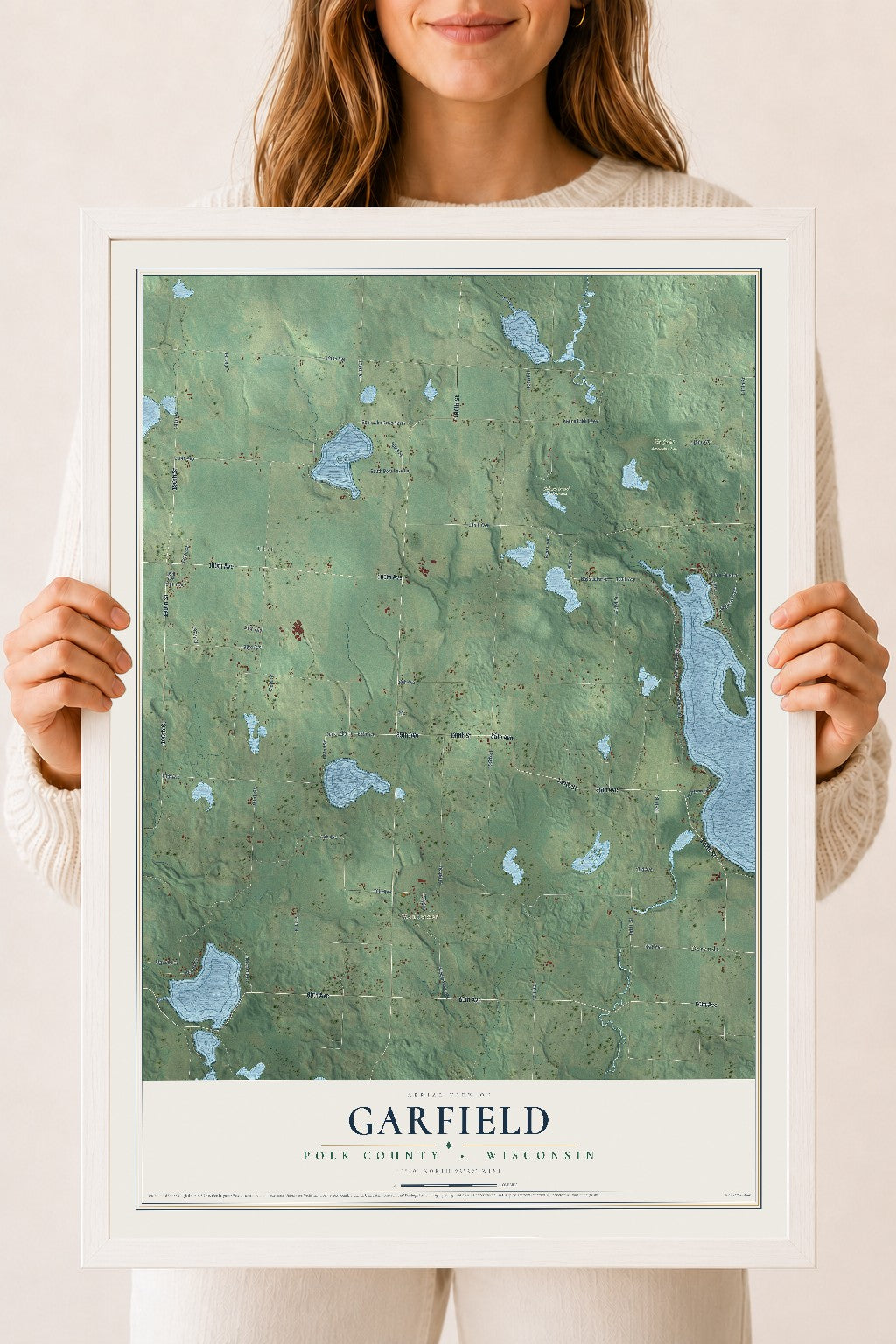 Map of Garfield, Polk County, Wisconsin, 18 x 24 inch print in a white wood frame