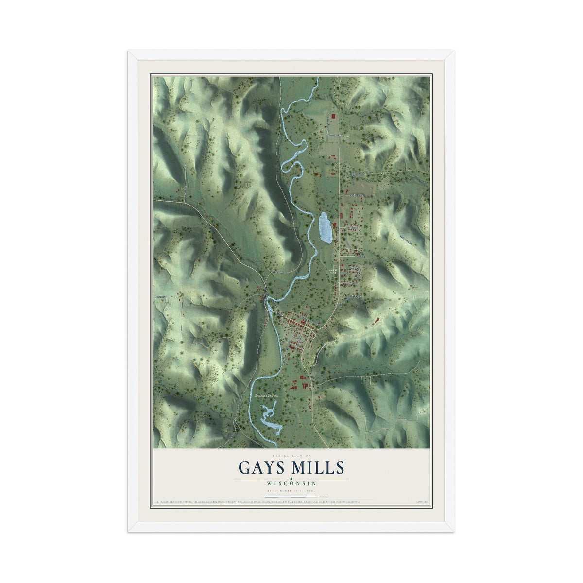 Map of Gays Mills, Wisconsin, 12 x 18 inch print in a white wood frame