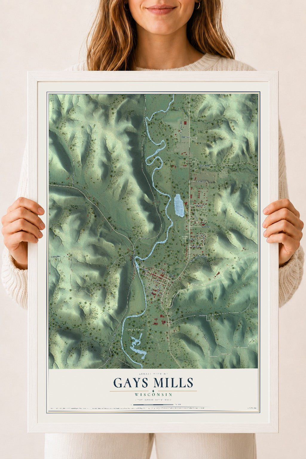 Map of Gays Mills, Wisconsin, 18 x 24 inch print in a white wood frame