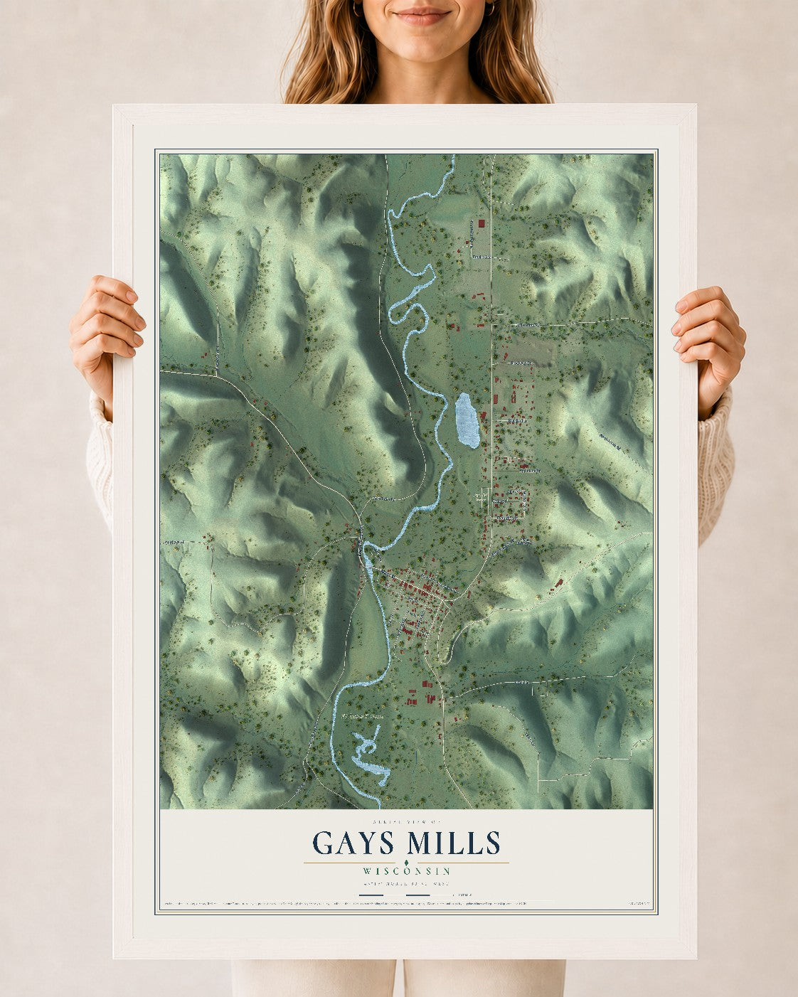 Map of Gays Mills, Wisconsin, 24 x 36 inch print in a white wood frame