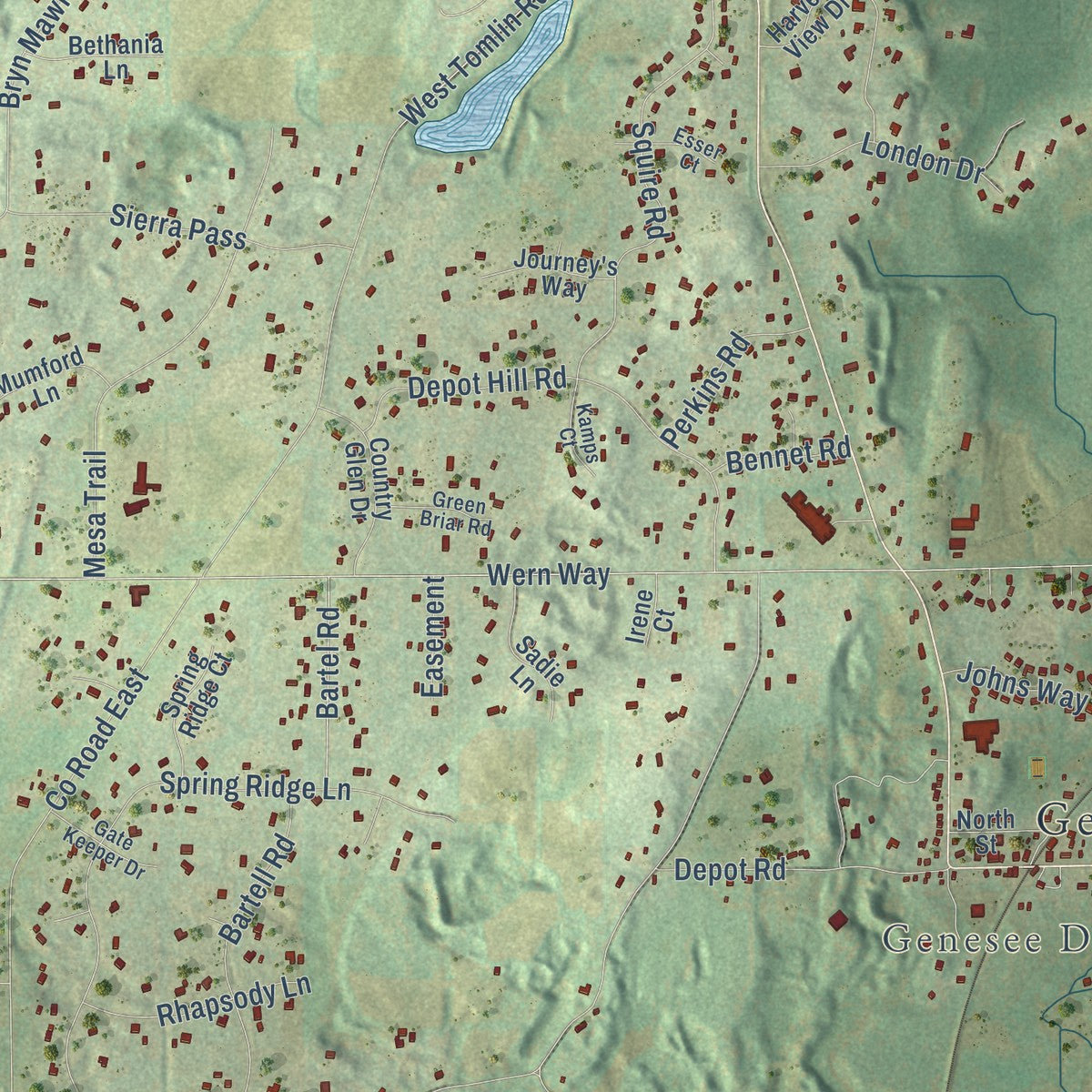 Close-up of the map of Genesee, Wisconsin print showing street and building detail