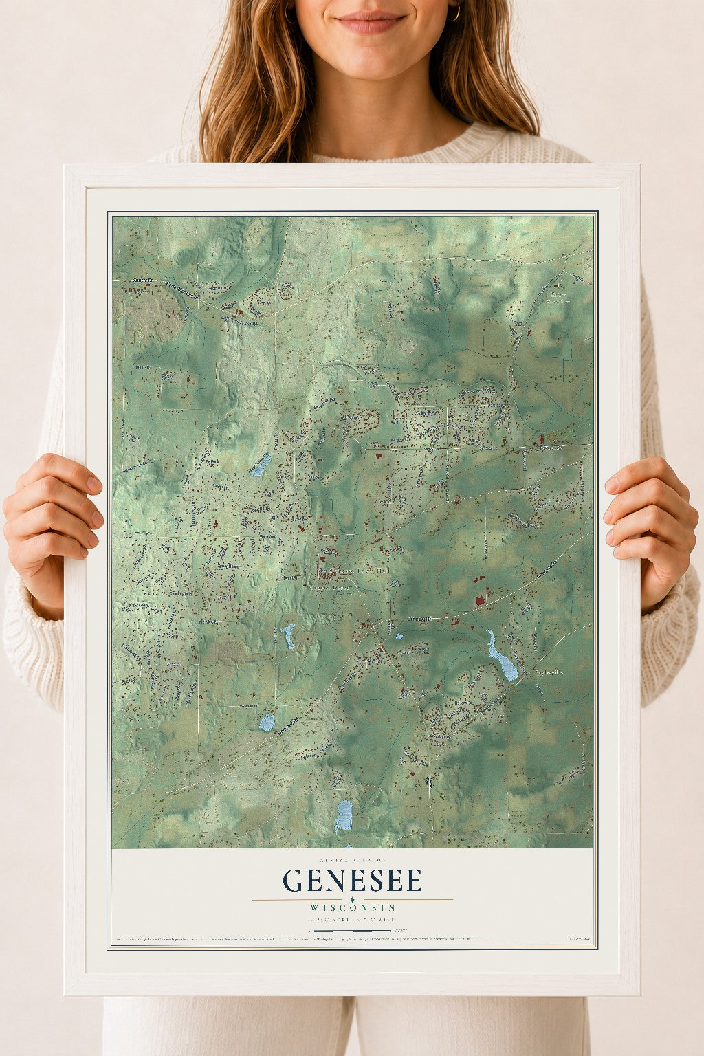 Map of Genesee, Wisconsin, 18 x 24 inch print in a white wood frame