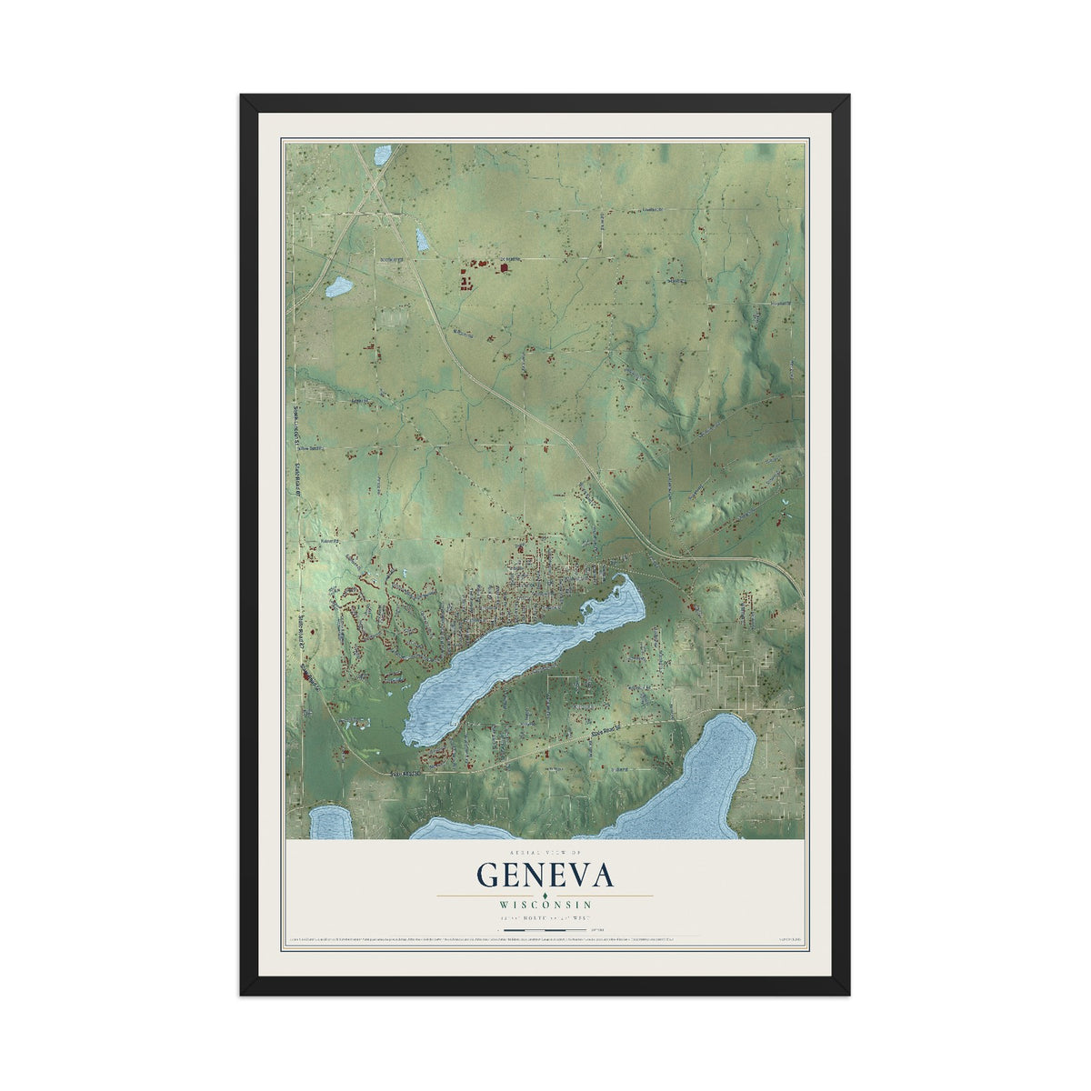 Map of Geneva, Wisconsin, 12 x 18 inch print in a black wood frame