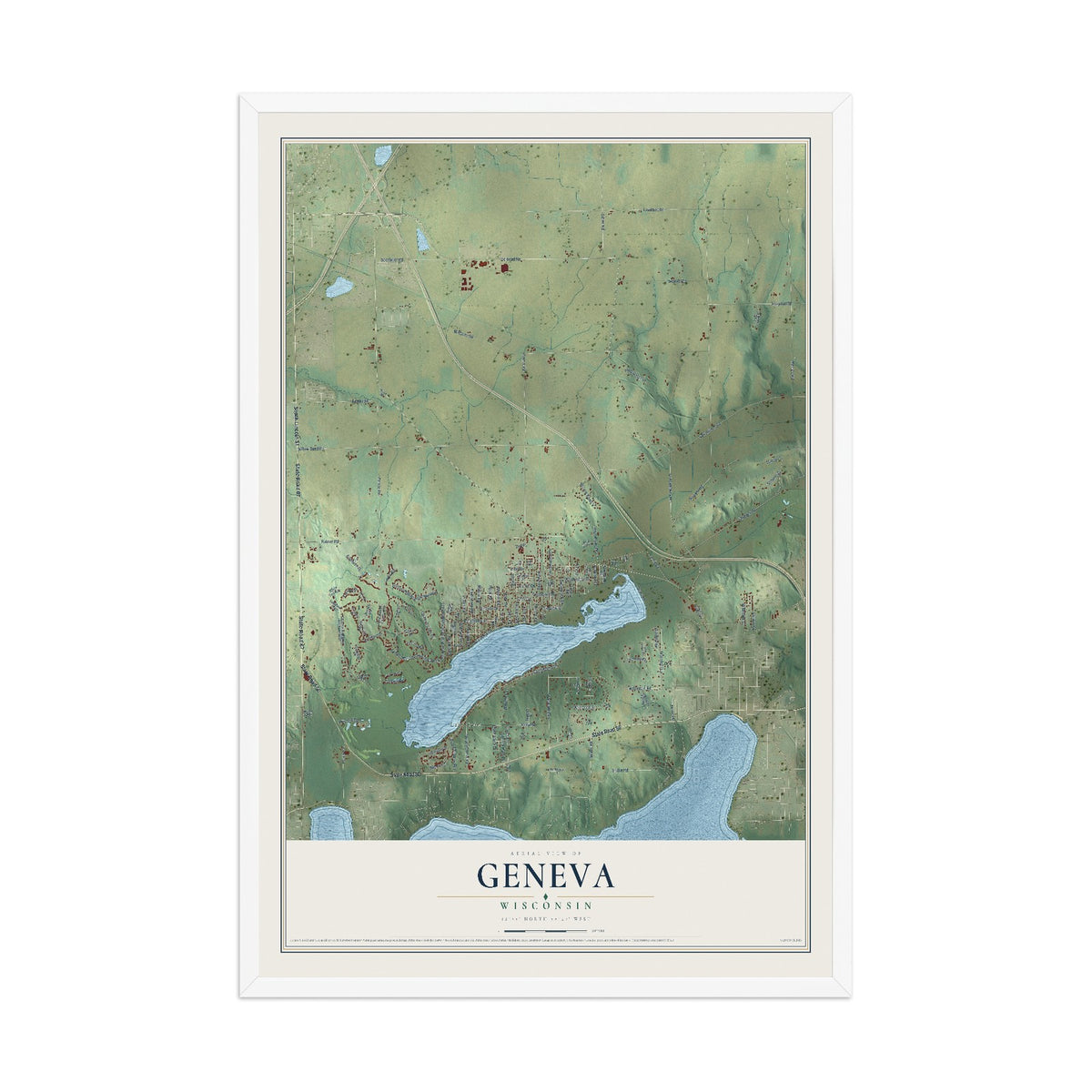 Map of Geneva, Wisconsin, 12 x 18 inch print in a white wood frame