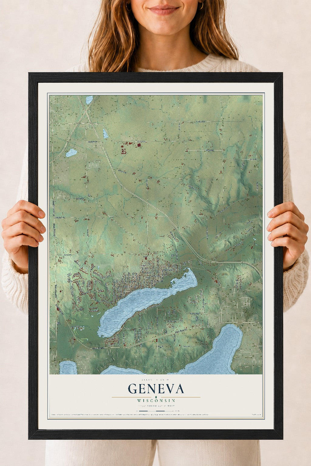 Map of Geneva, Wisconsin, 18 x 24 inch print in a black wood frame