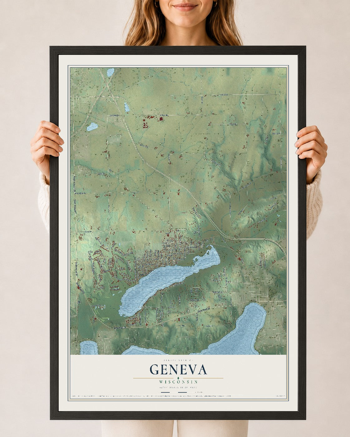 Map of Geneva, Wisconsin, 24 x 36 inch print in a black wood frame