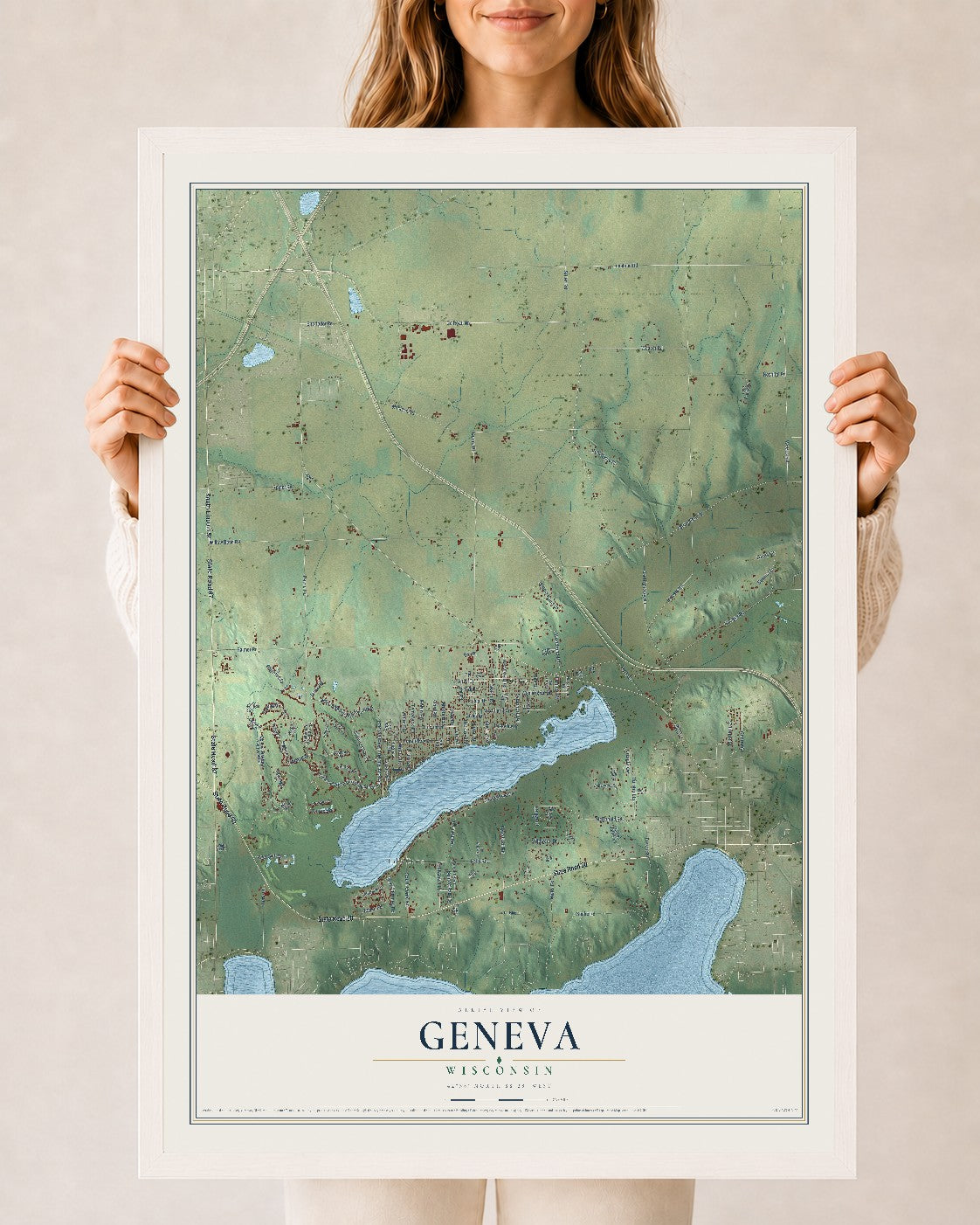 Map of Geneva, Wisconsin, 24 x 36 inch print in a white wood frame