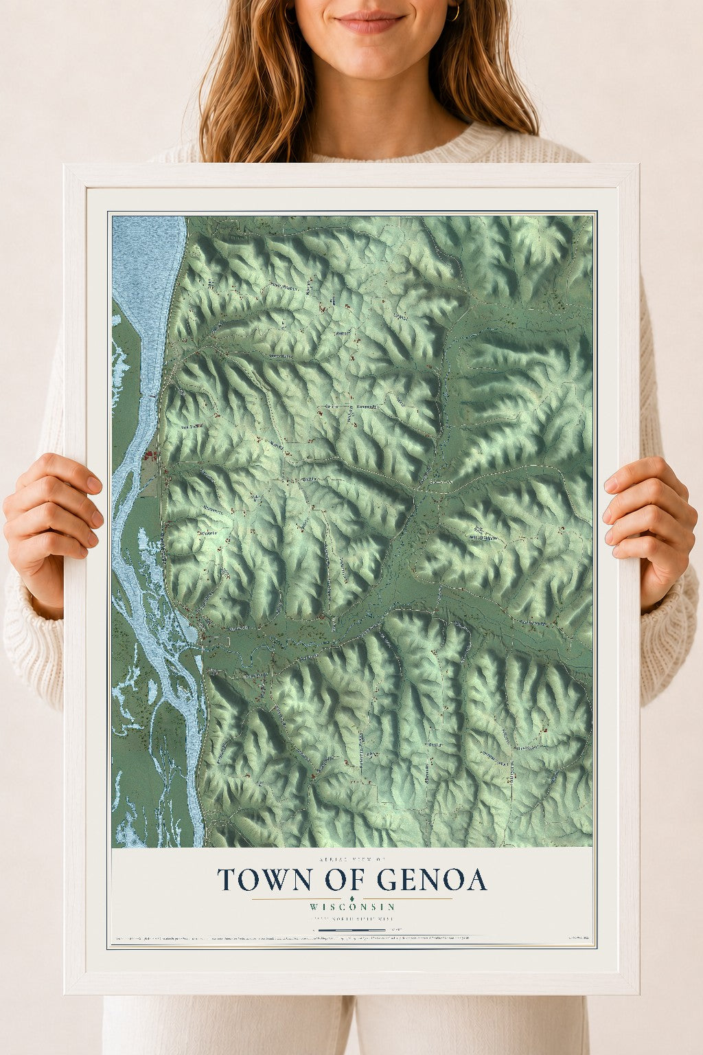 Map of the Town of Genoa, Wisconsin, 18 x 24 inch print in a white wood frame
