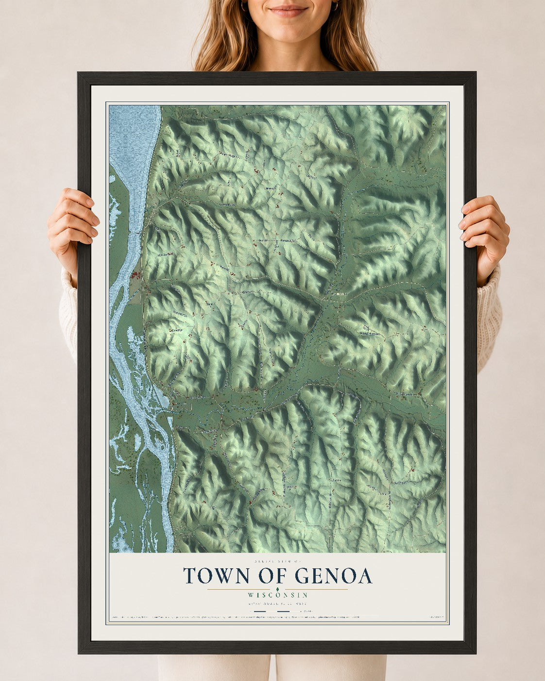 Map of the Town of Genoa, Wisconsin, 24 x 36 inch print in a black wood frame