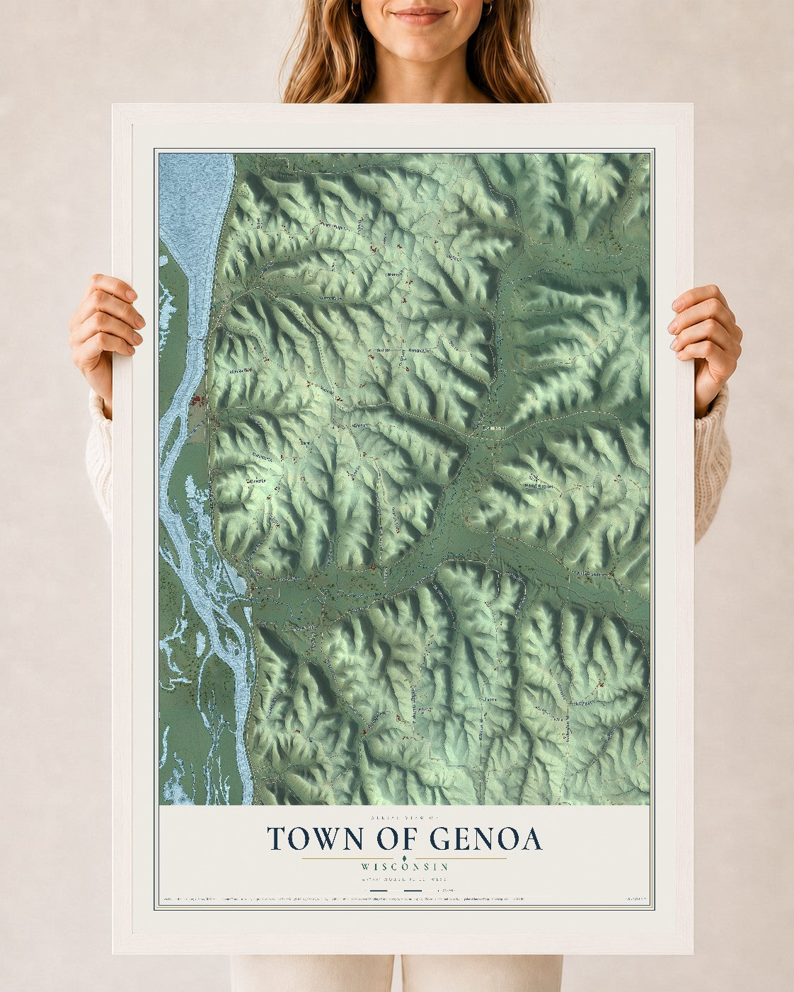 Map of the Town of Genoa, Wisconsin, 24 x 36 inch print in a white wood frame