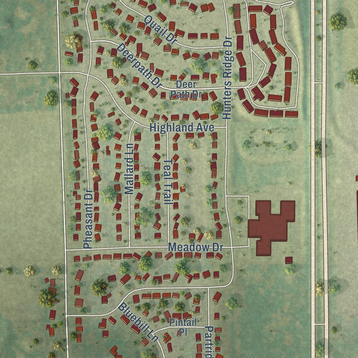 Close-up of the map of Genoa City, Wisconsin print showing street and building detail