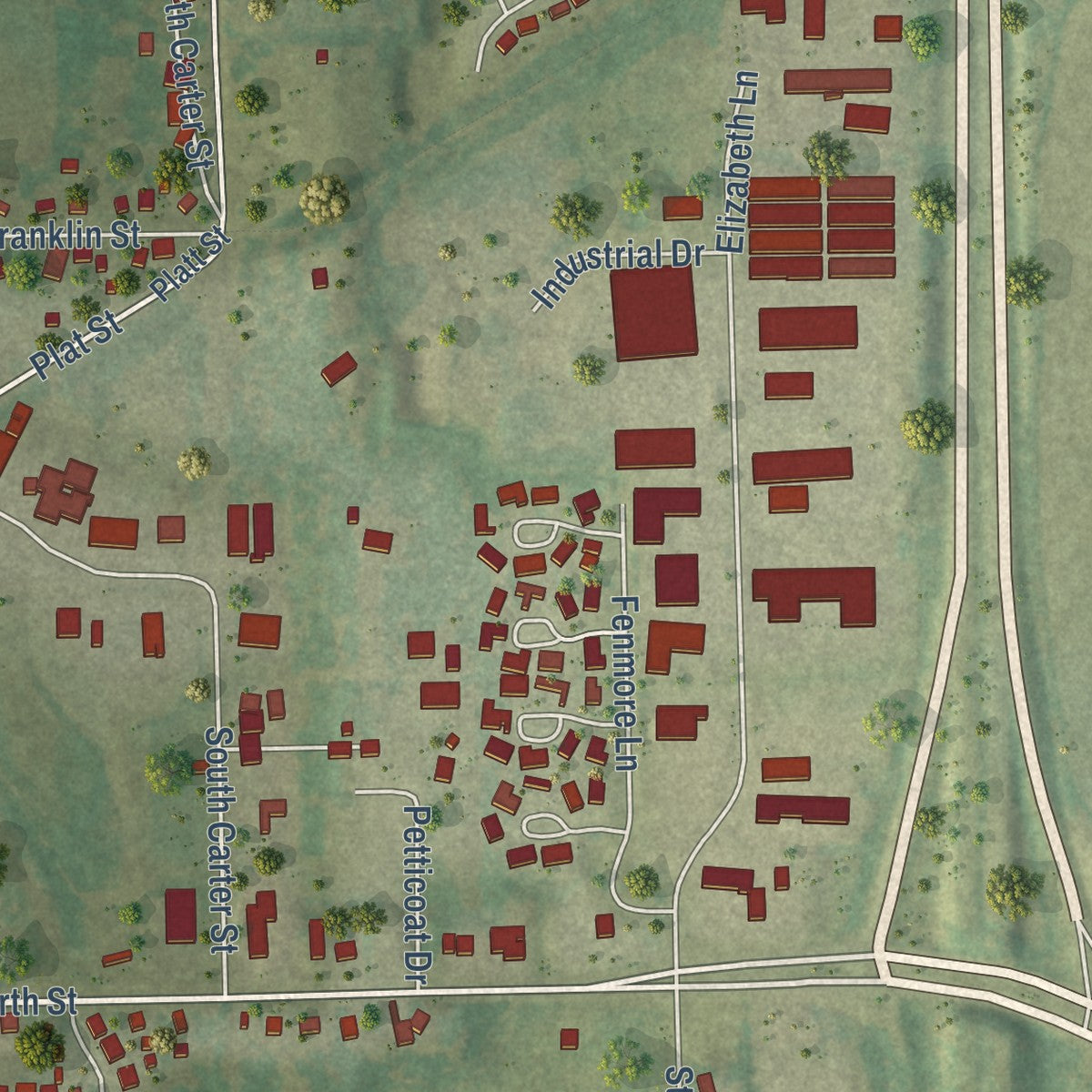 Second close-up of the map of Genoa City, Wisconsin print showing more streets and buildings