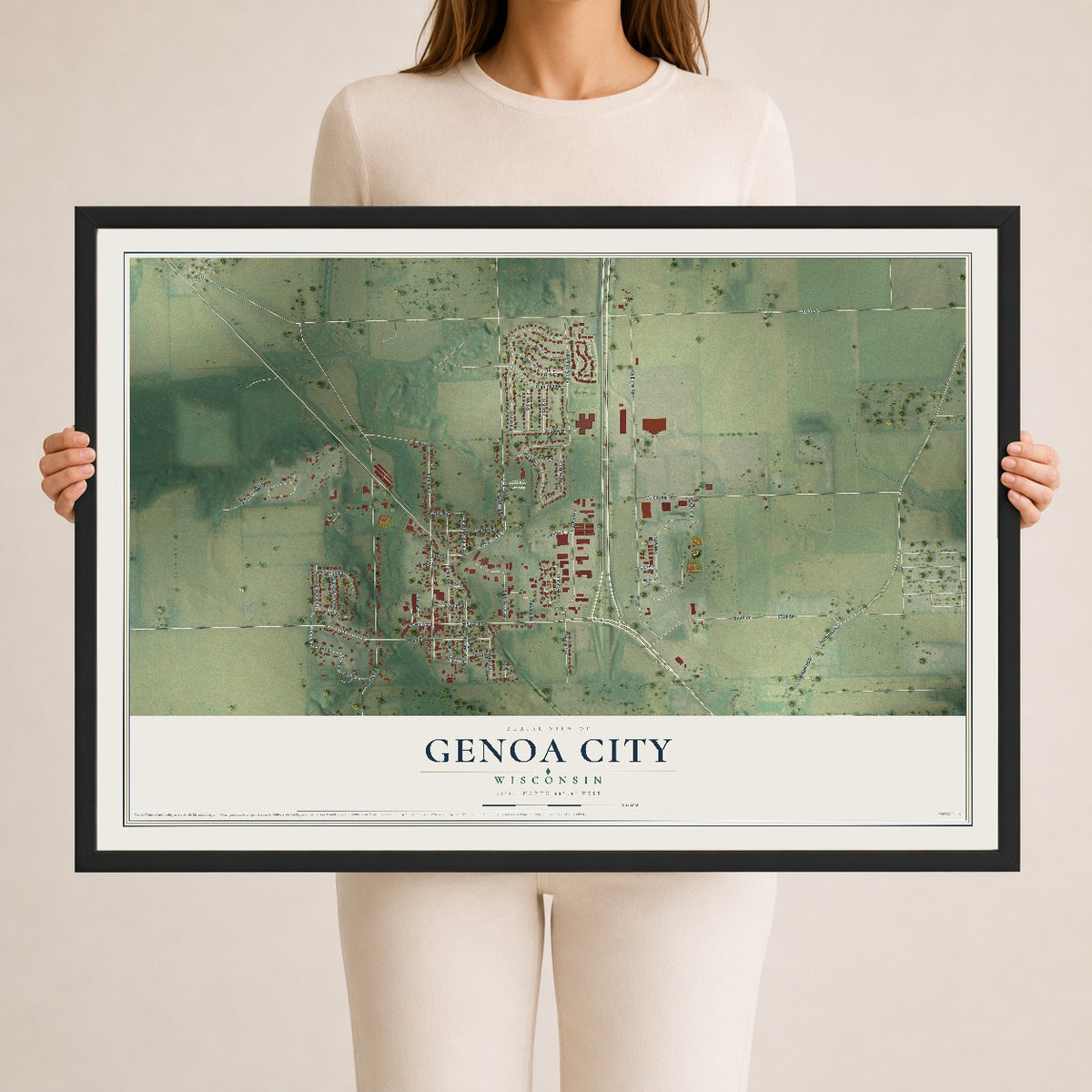 Map of Genoa City, Wisconsin, 24 x 36 inch print in a black wood frame