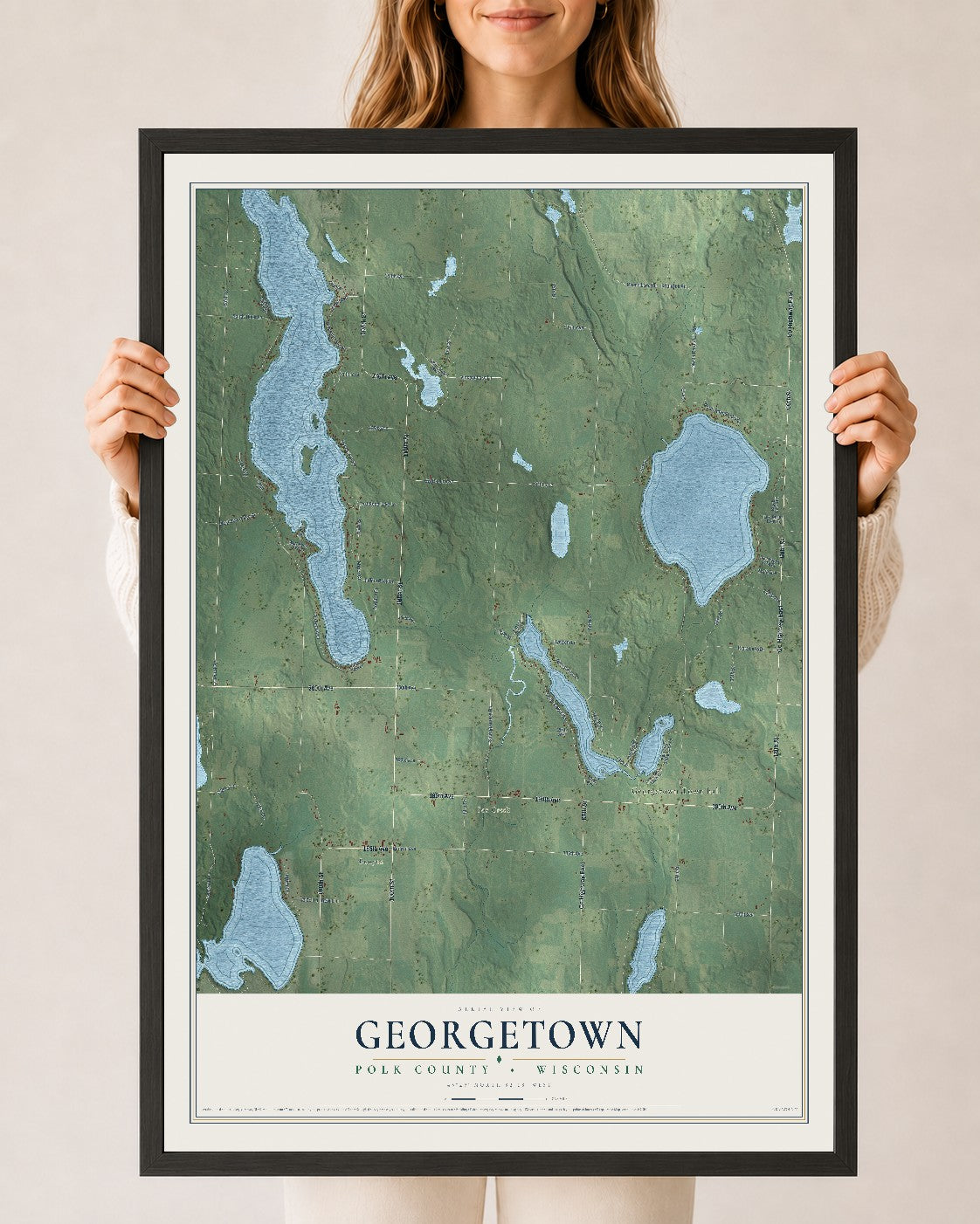 Map of Georgetown, Polk County, Wisconsin, 24 x 36 inch print in a black wood frame