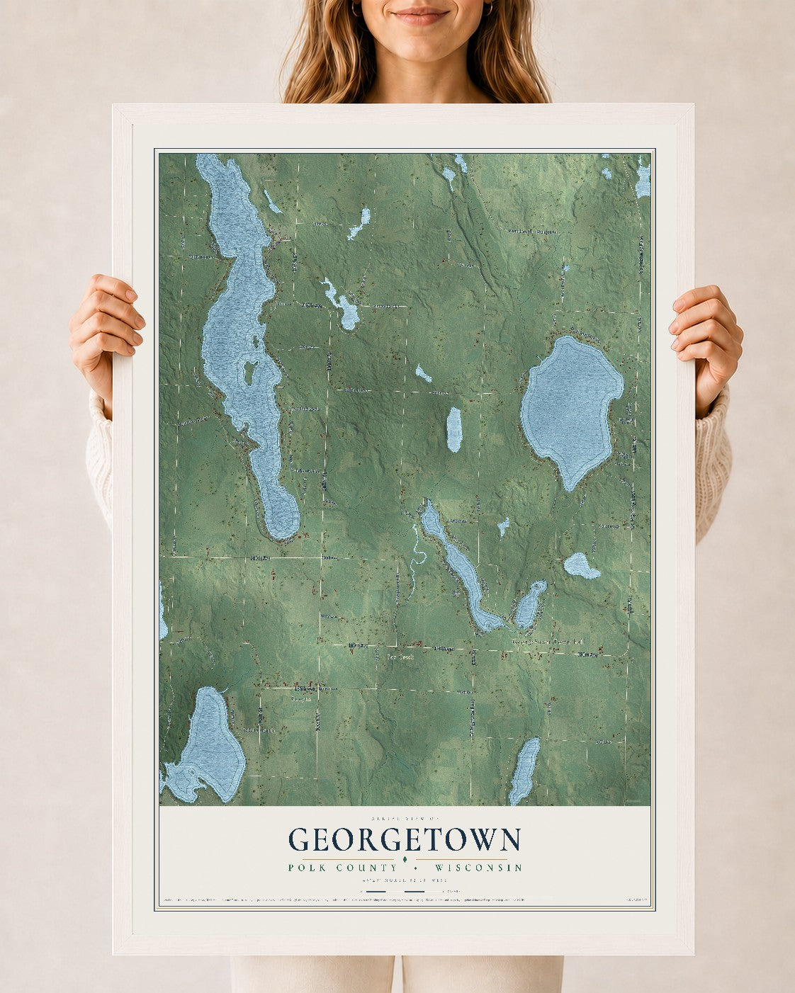 Map of Georgetown, Polk County, Wisconsin, 24 x 36 inch print in a white wood frame