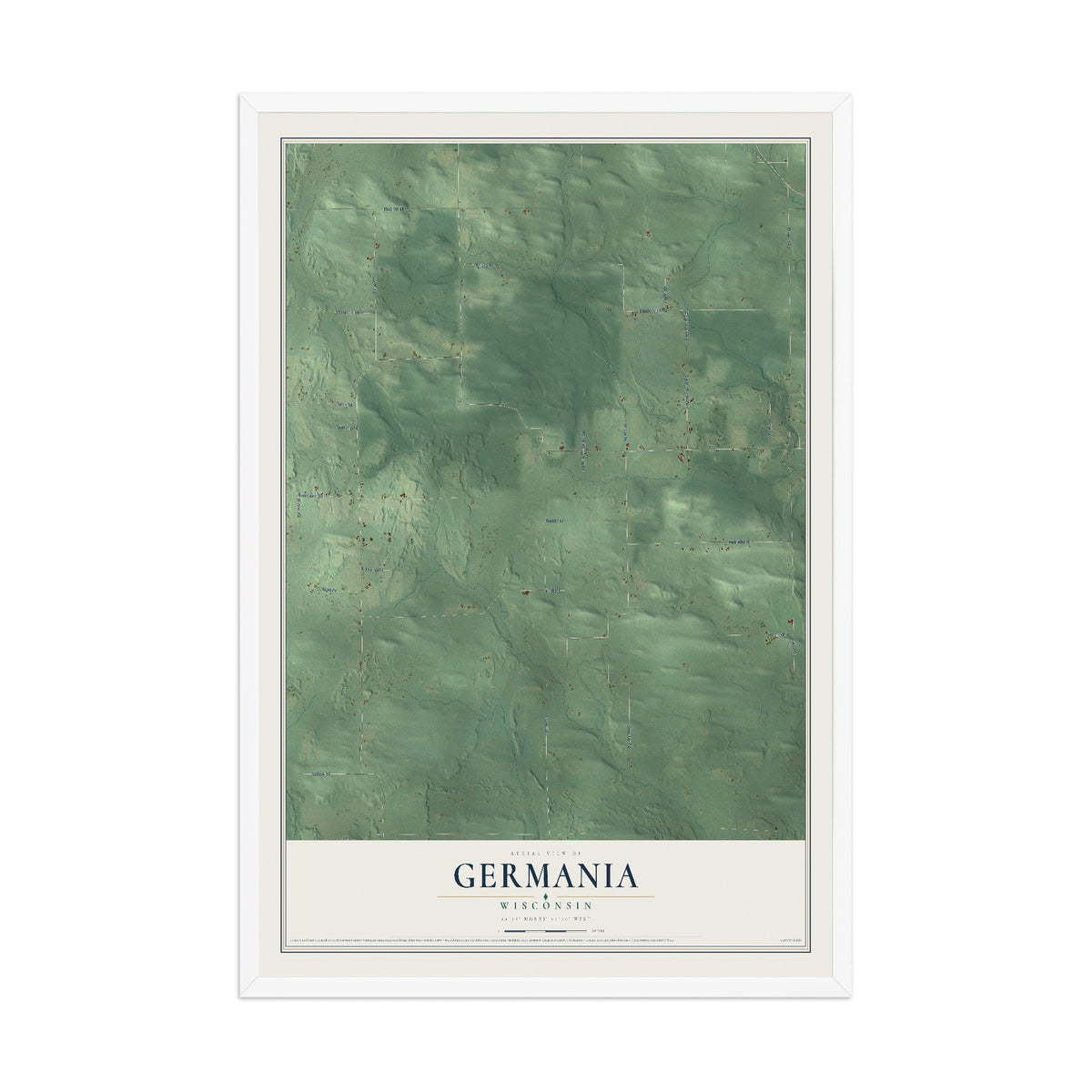 Map of Germania, Wisconsin, 12 x 18 inch print in a white wood frame