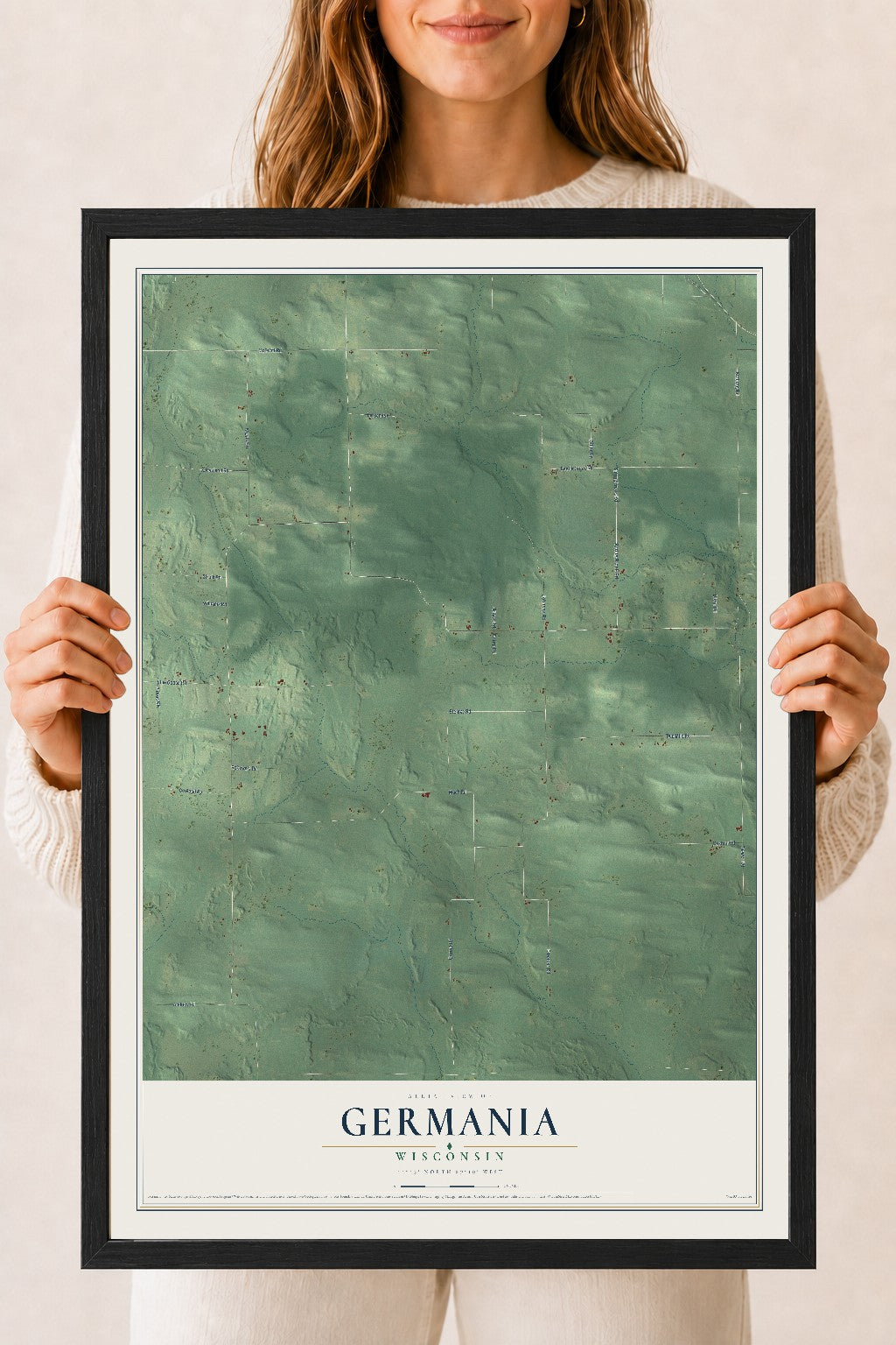 Map of Germania, Wisconsin, 18 x 24 inch print in a black wood frame