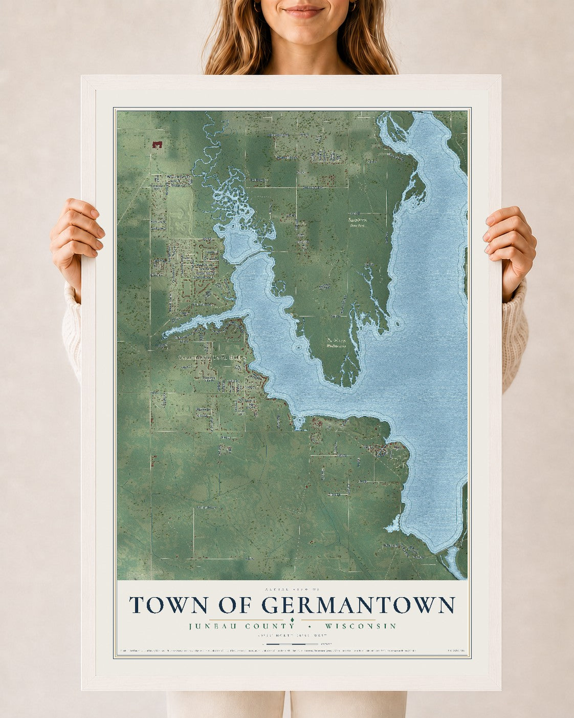 Map of the Town of Germantown, Juneau County, Wisconsin, 24 x 36 inch print in a white wood frame