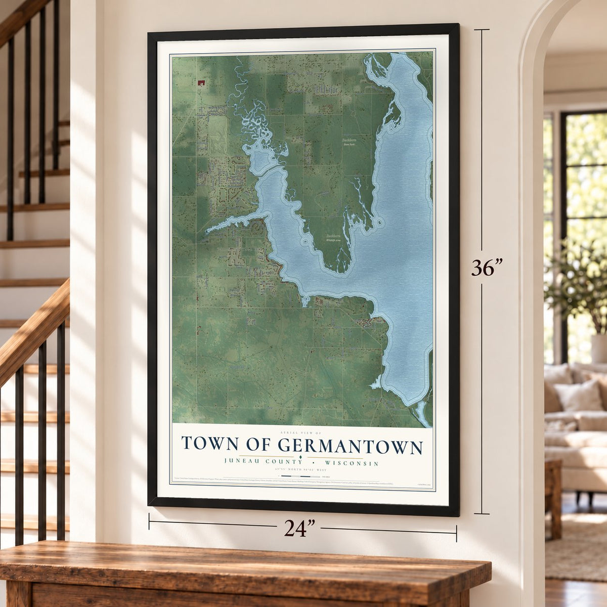 Town of Germantown, Juneau County, Wisconsin map, 24 x 36 inch print in a black frame by a staircase