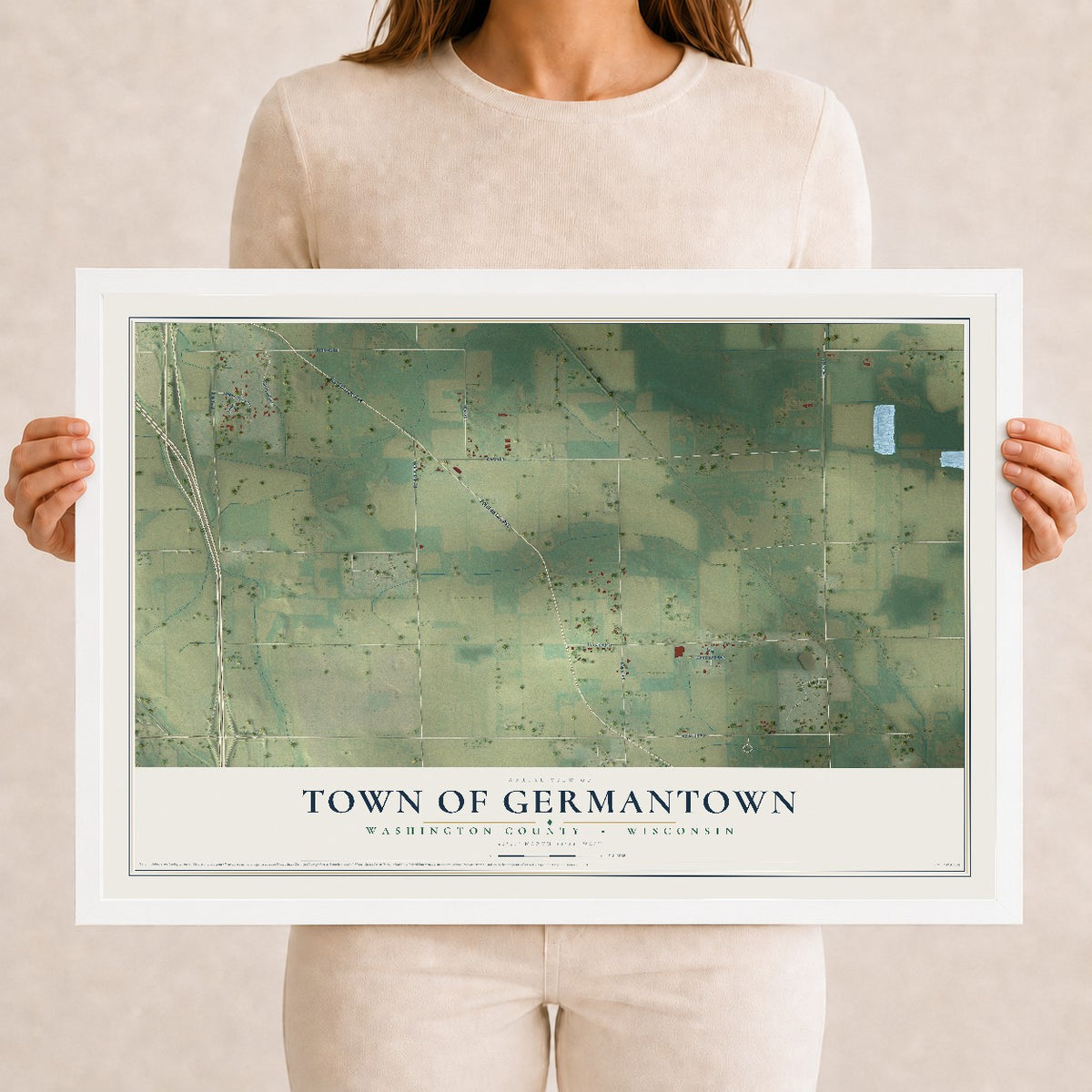 Map of the Town of Germantown, Washington County, Wisconsin, 12 x 18 inch print in a white wood frame