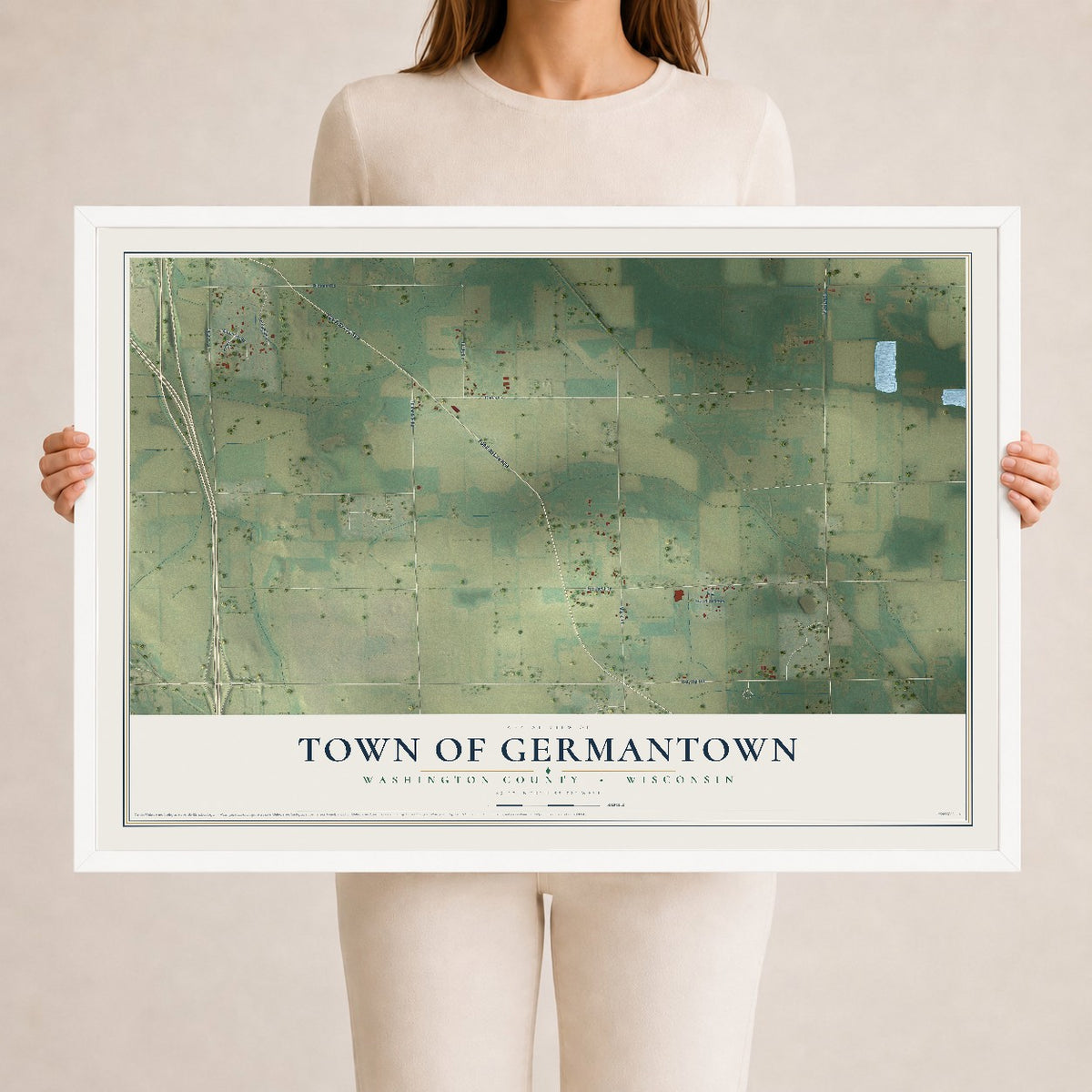Map of the Town of Germantown, Washington County, Wisconsin, 24 x 36 inch print in a white wood frame