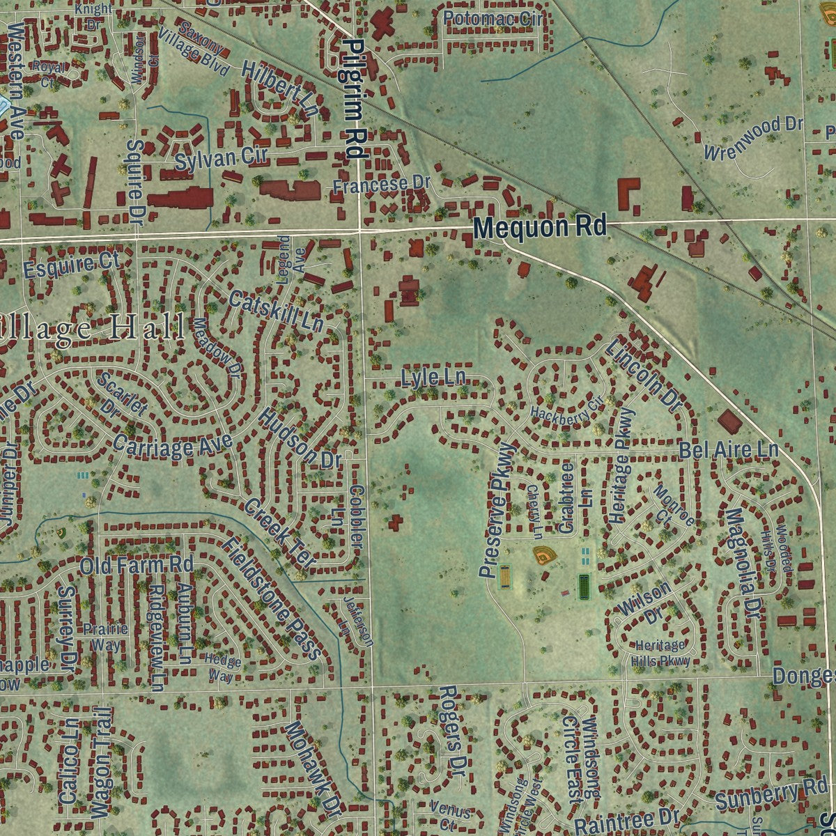 Close-up of the map of Germantown, Wisconsin print showing street and building detail