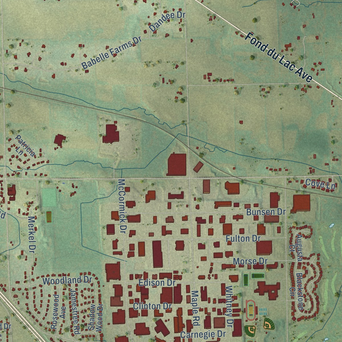 Second close-up of the map of Germantown, Wisconsin print showing more streets and buildings