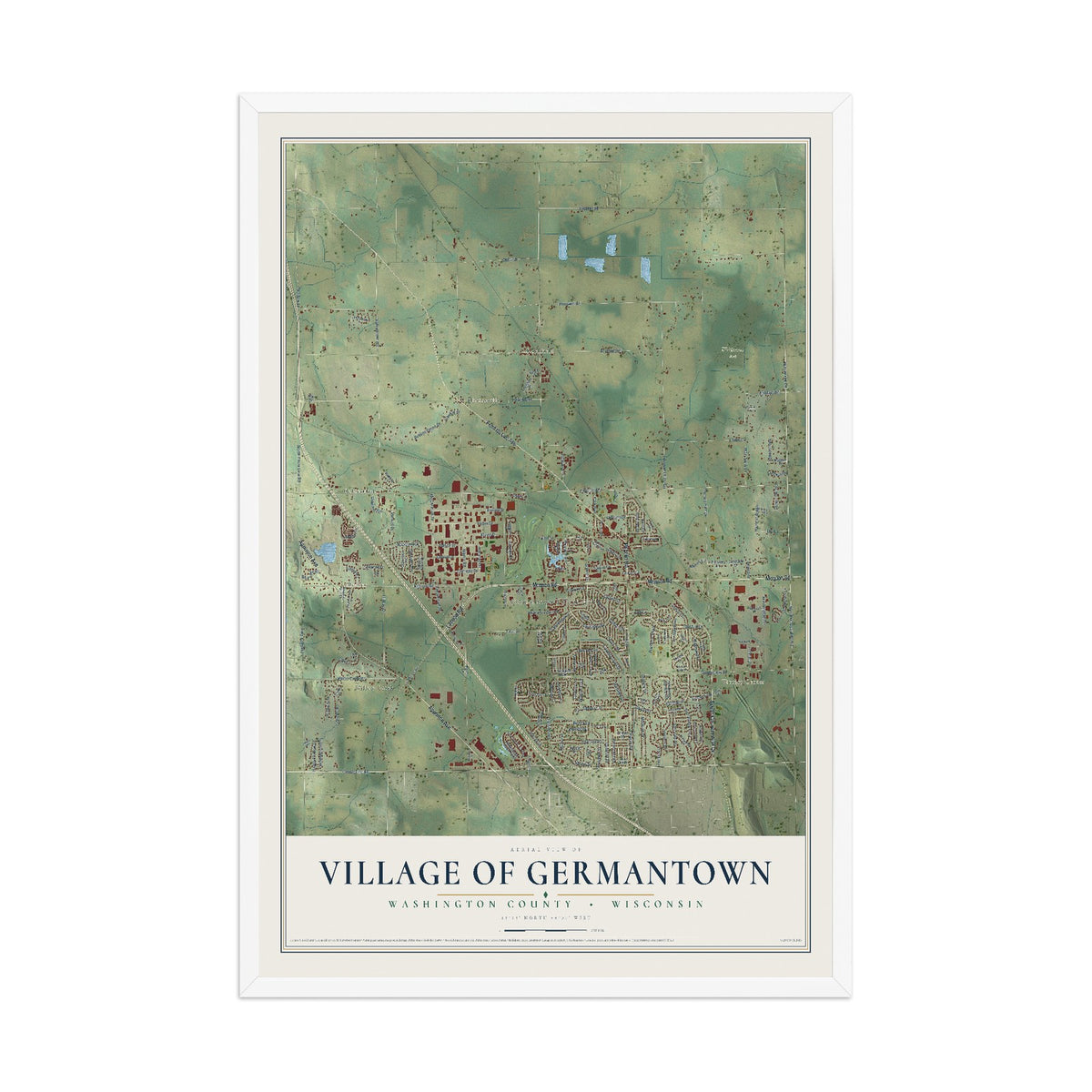 Map of Germantown, Wisconsin, 12 x 18 inch print in a white wood frame