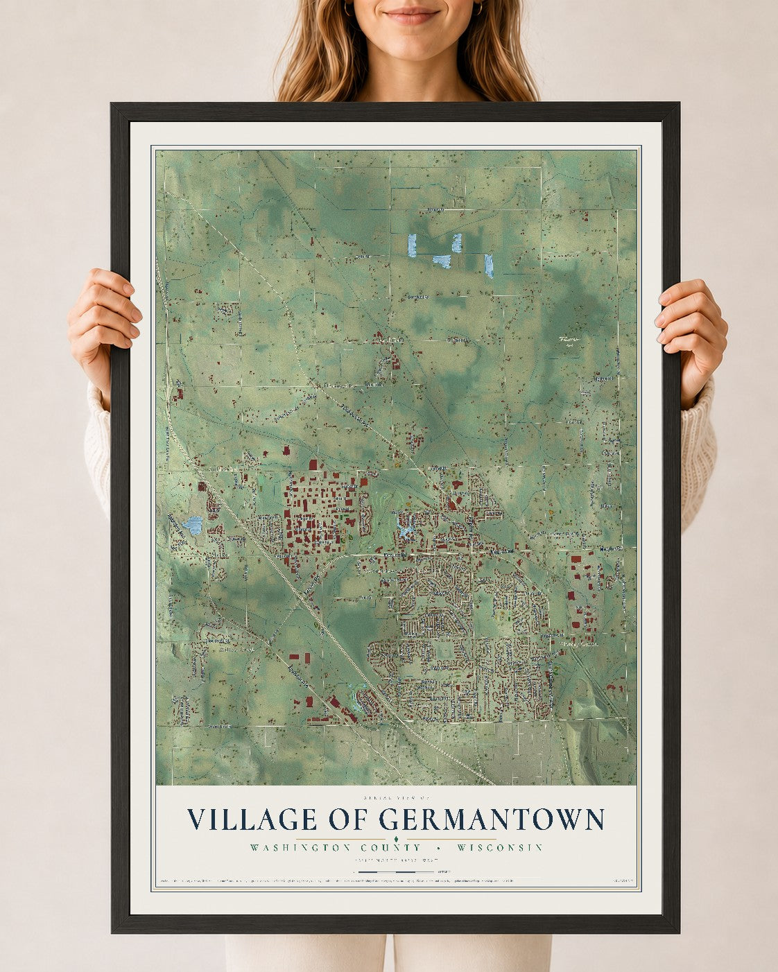 Map of Germantown, Wisconsin, 24 x 36 inch print in a black wood frame