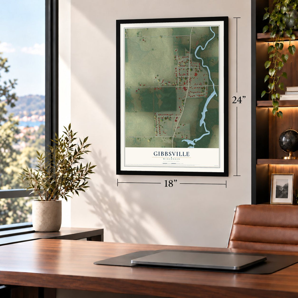 Gibbsville, Wisconsin map, 18 x 24 inch print in a black frame in a home office