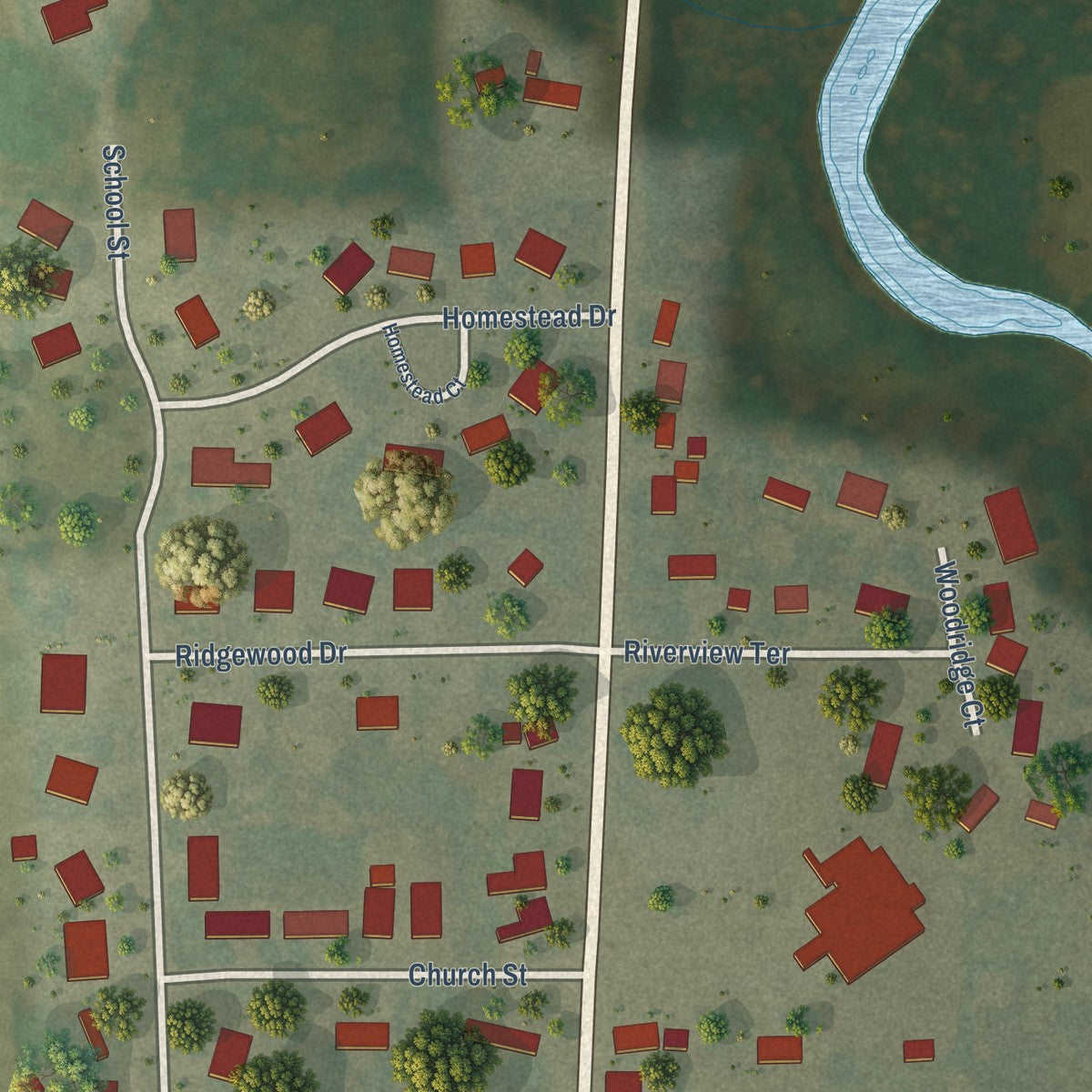 Close-up of the map of Gibbsville, Wisconsin print showing street and building detail