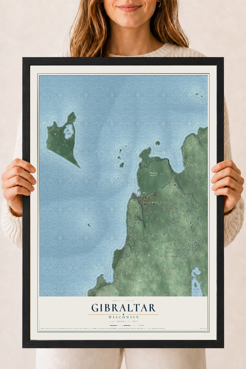 Map of Gibraltar, Wisconsin, 18 x 24 inch print in a black wood frame