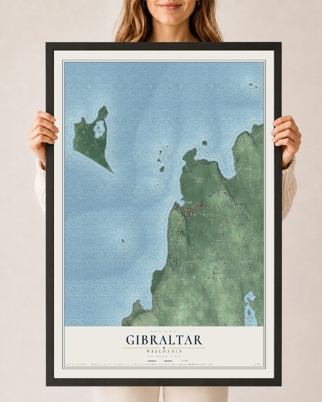 Map of Gibraltar, Wisconsin, 24 x 36 inch print in a black wood frame