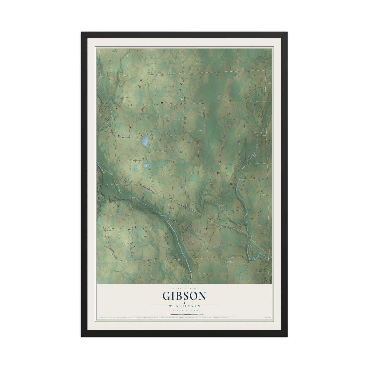 Map of Gibson, Wisconsin, 12 x 18 inch print in a black wood frame