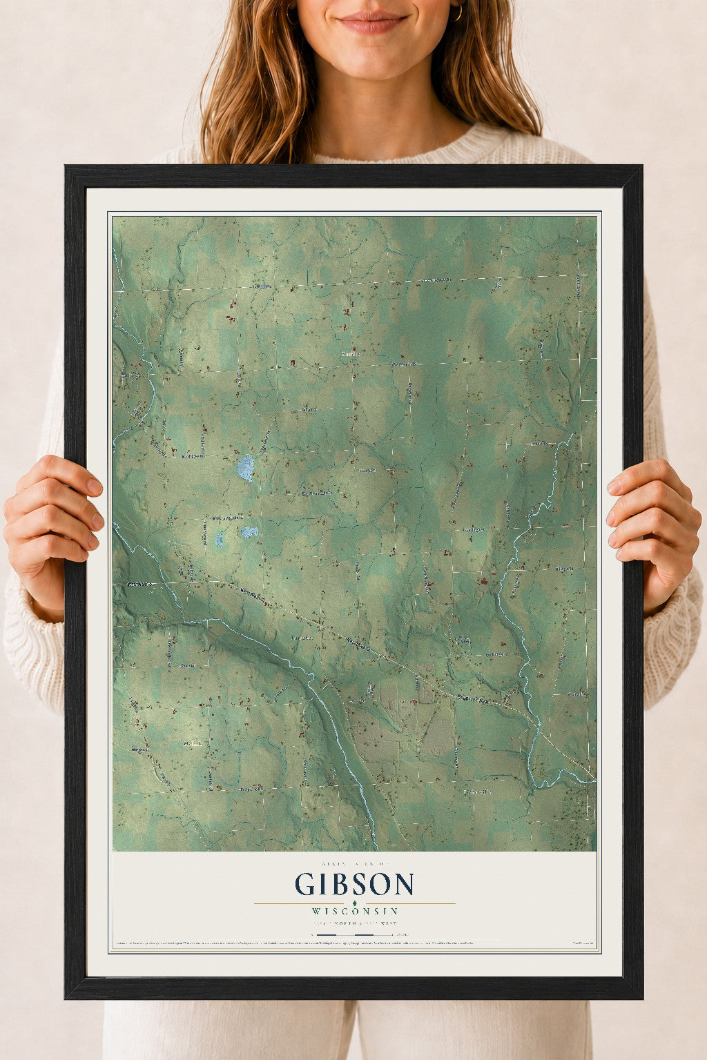 Map of Gibson, Wisconsin, 18 x 24 inch print in a black wood frame