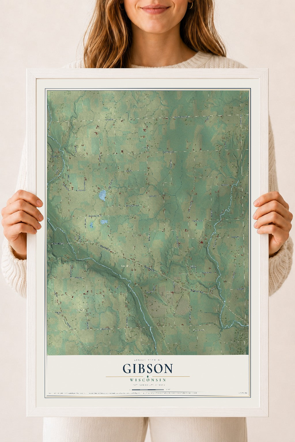 Map of Gibson, Wisconsin, 18 x 24 inch print in a white wood frame