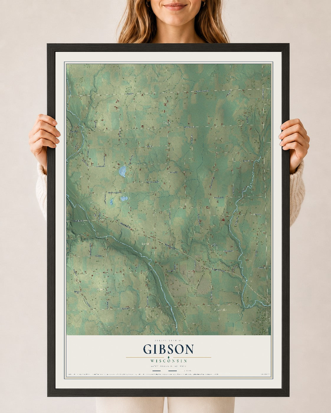 Map of Gibson, Wisconsin, 24 x 36 inch print in a black wood frame