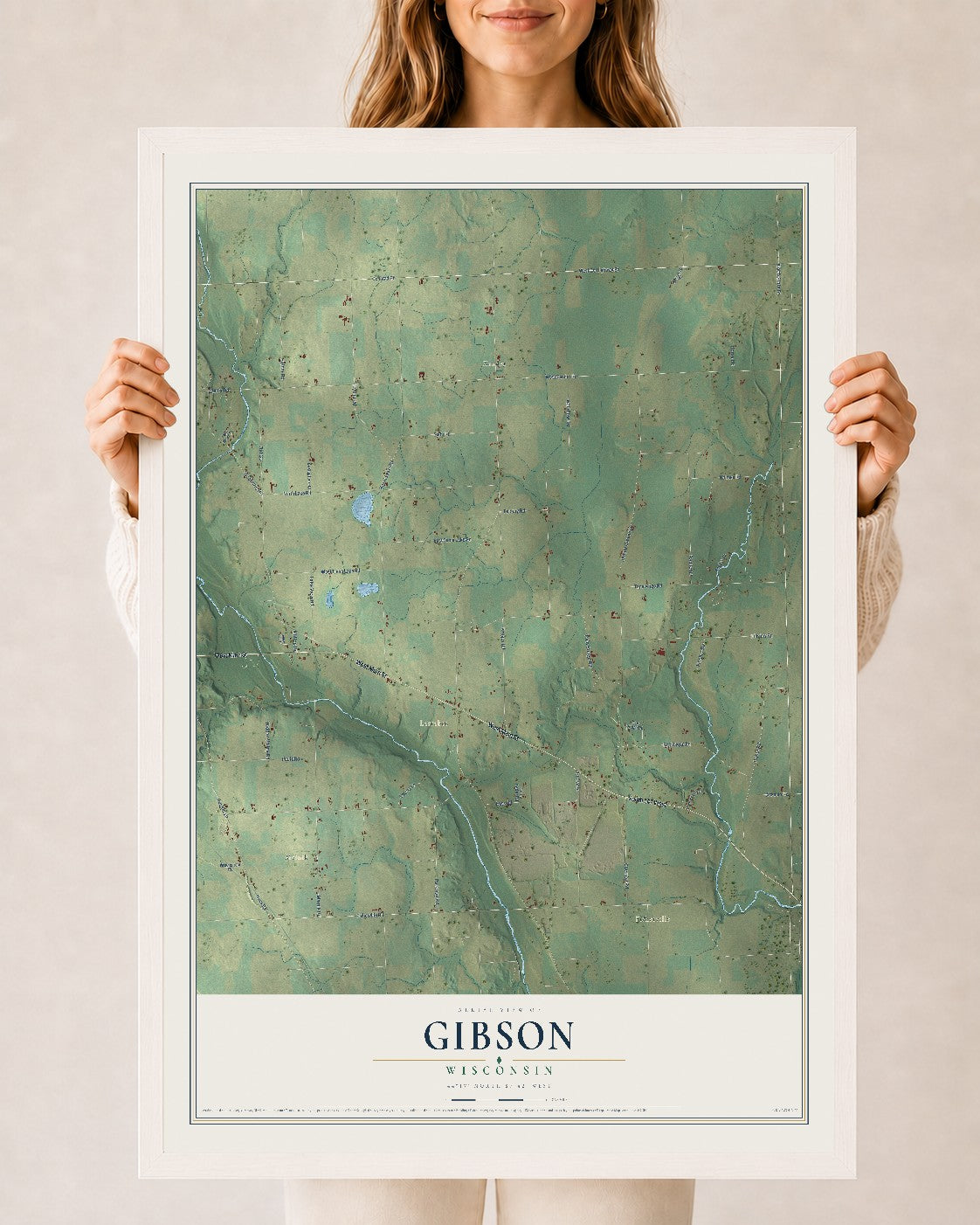 Map of Gibson, Wisconsin, 24 x 36 inch print in a white wood frame