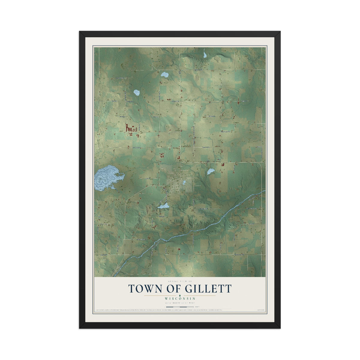 Map of the Town of Gillett, Wisconsin, 12 x 18 inch print in a black wood frame