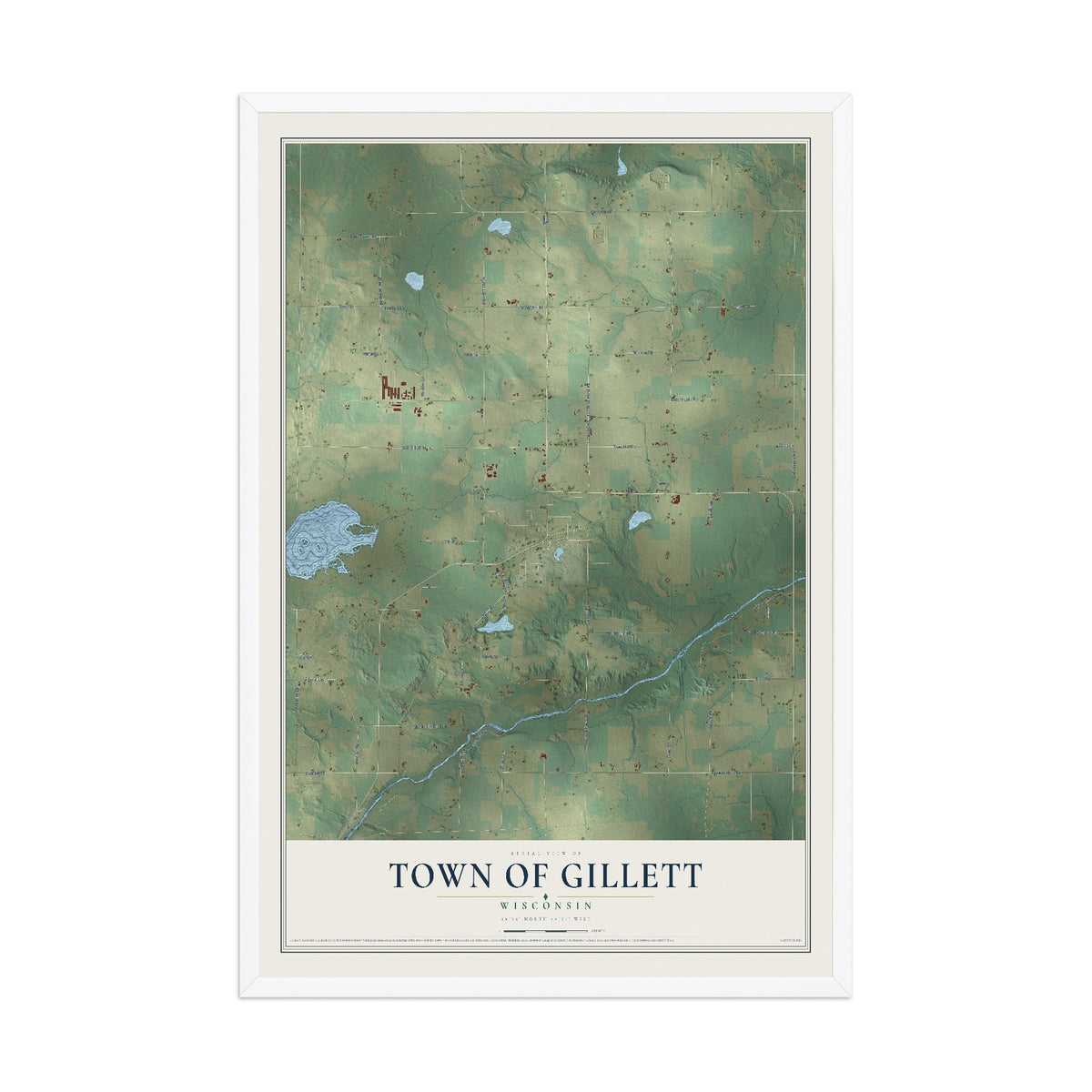 Map of the Town of Gillett, Wisconsin, 12 x 18 inch print in a white wood frame