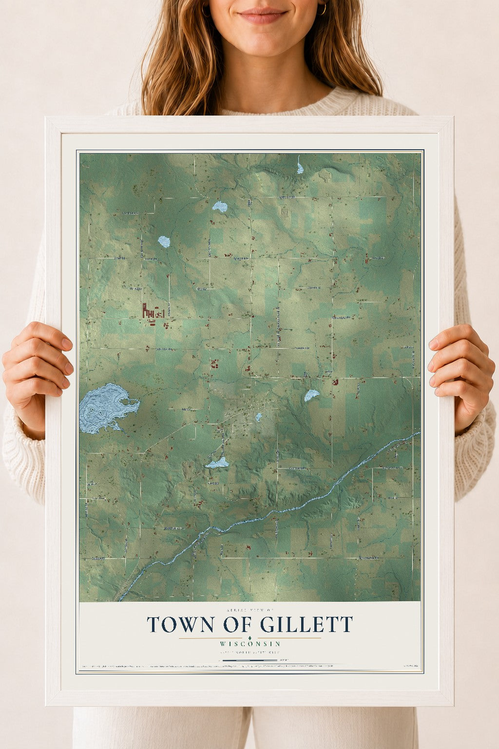 Map of the Town of Gillett, Wisconsin, 18 x 24 inch print in a white wood frame